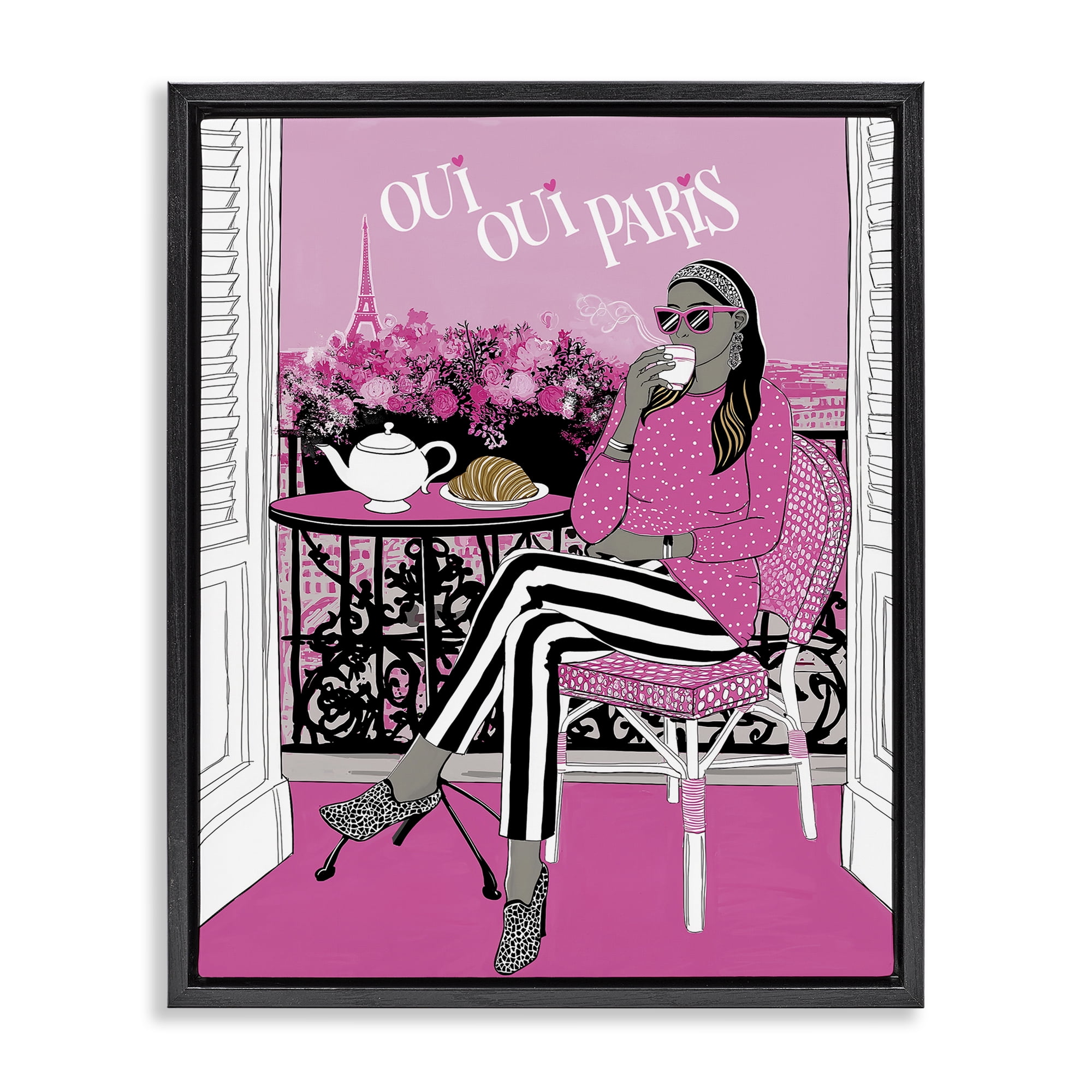 Stupell Industries Oui Oui Parisian Cafe Morning Black Framed Floater Canvas Wall Art, design by Jess Stempel