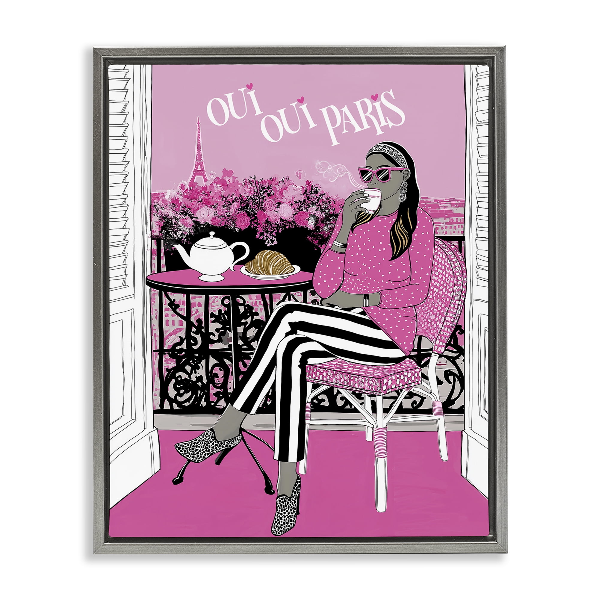 Stupell Industries Oui Oui Parisian Cafe Morning Gray Framed Floater Canvas Wall Art, design by Jess Stempel