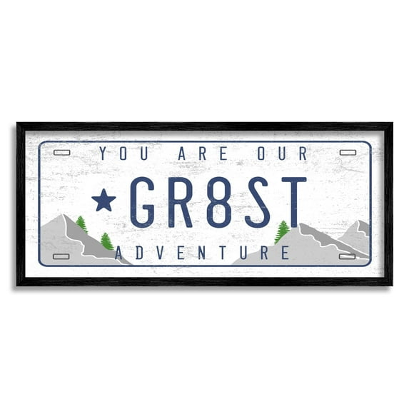 Stupell Industries Our Greatest Adventure Mountain Range License Plate Transportation Painting Black Framed Art Print Wall Art, 13 x 30