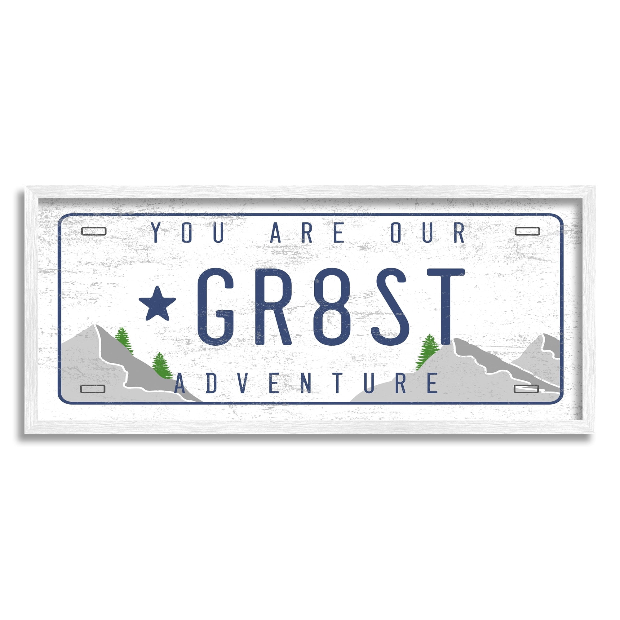 Stupell Industries Our Greatest Adventure Mountain Range License Plate Transportation Painting White Framed Art Print Wall Art, 13 x 30