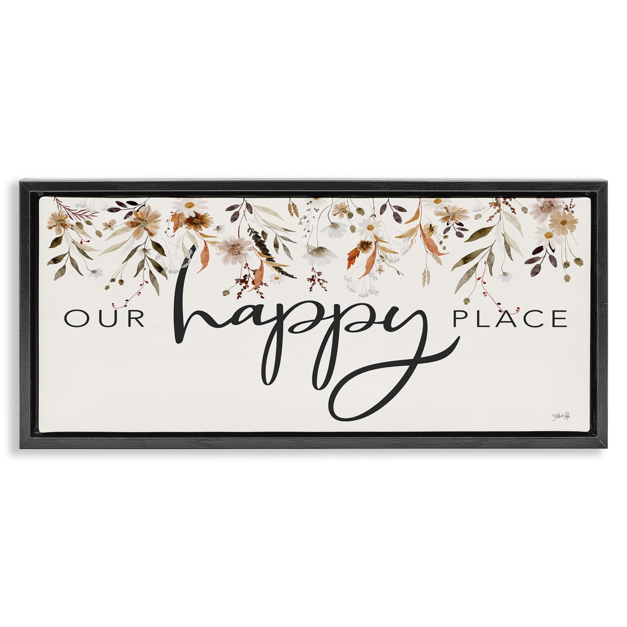 Stupell Industries Our Happy Place Florals Botanical & Floral Painting Black Floater Framed Art Print Wall Art, 25 x 11