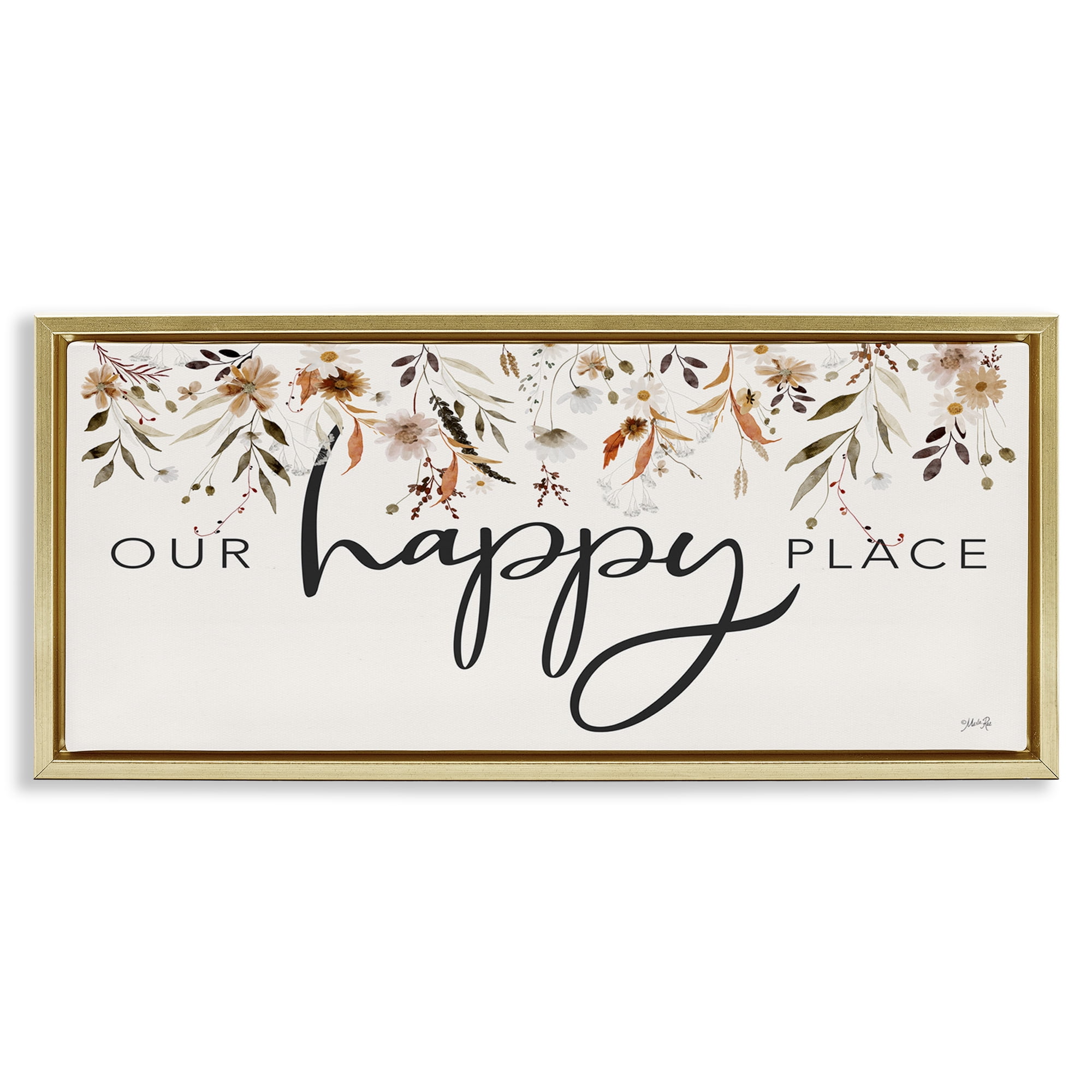 Stupell Industries Our Happy Place Florals Botanical & Floral Painting Gold Floater Framed Art Print Wall Art, 31 x 14