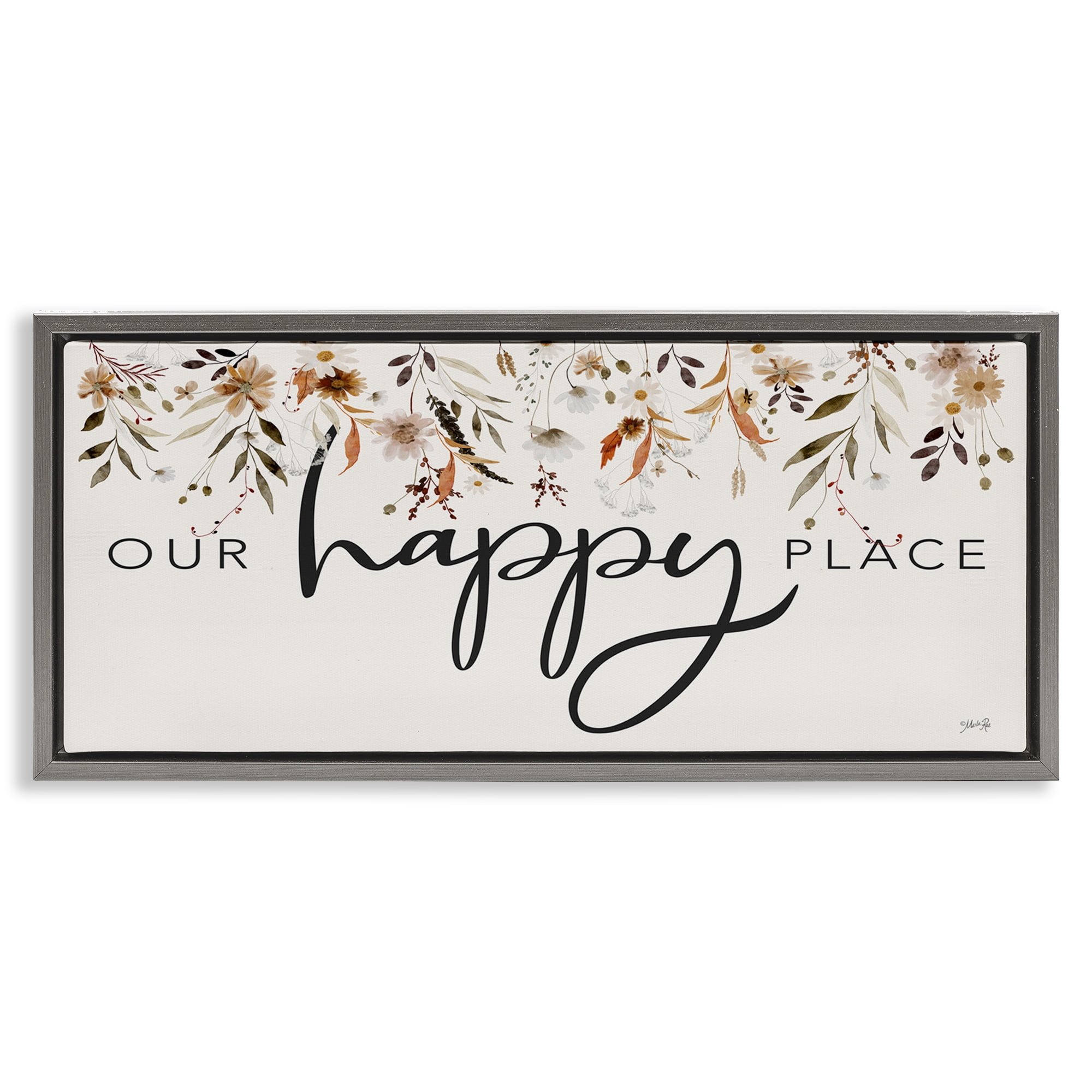Stupell Industries Our Happy Place Florals Botanical & Floral Painting Gray Floater Framed Art Print Wall Art, 25 x 11