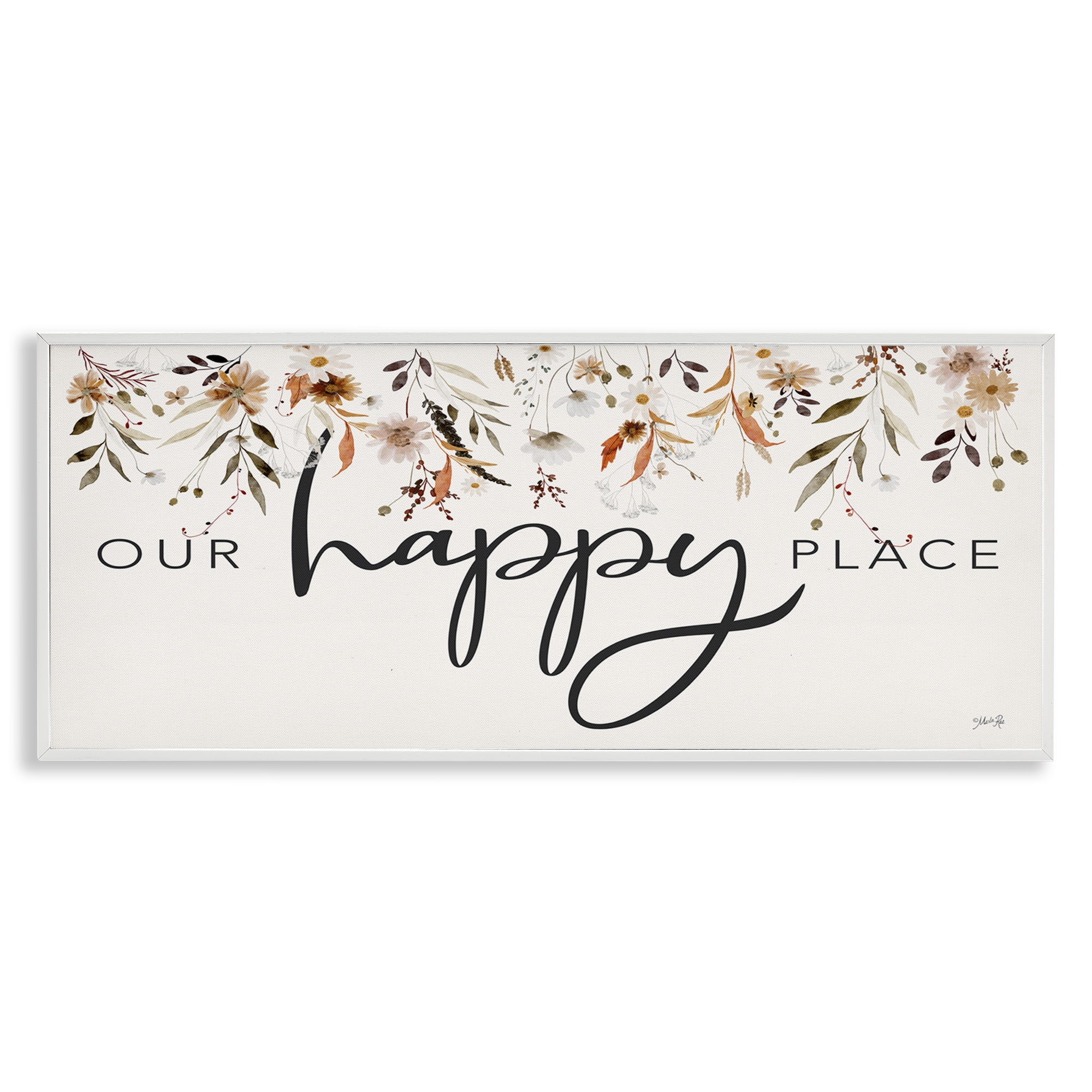 Stupell Industries Our Happy Place Florals Botanical & Floral Painting White Framed Art Print Wall Art, 30 x 13