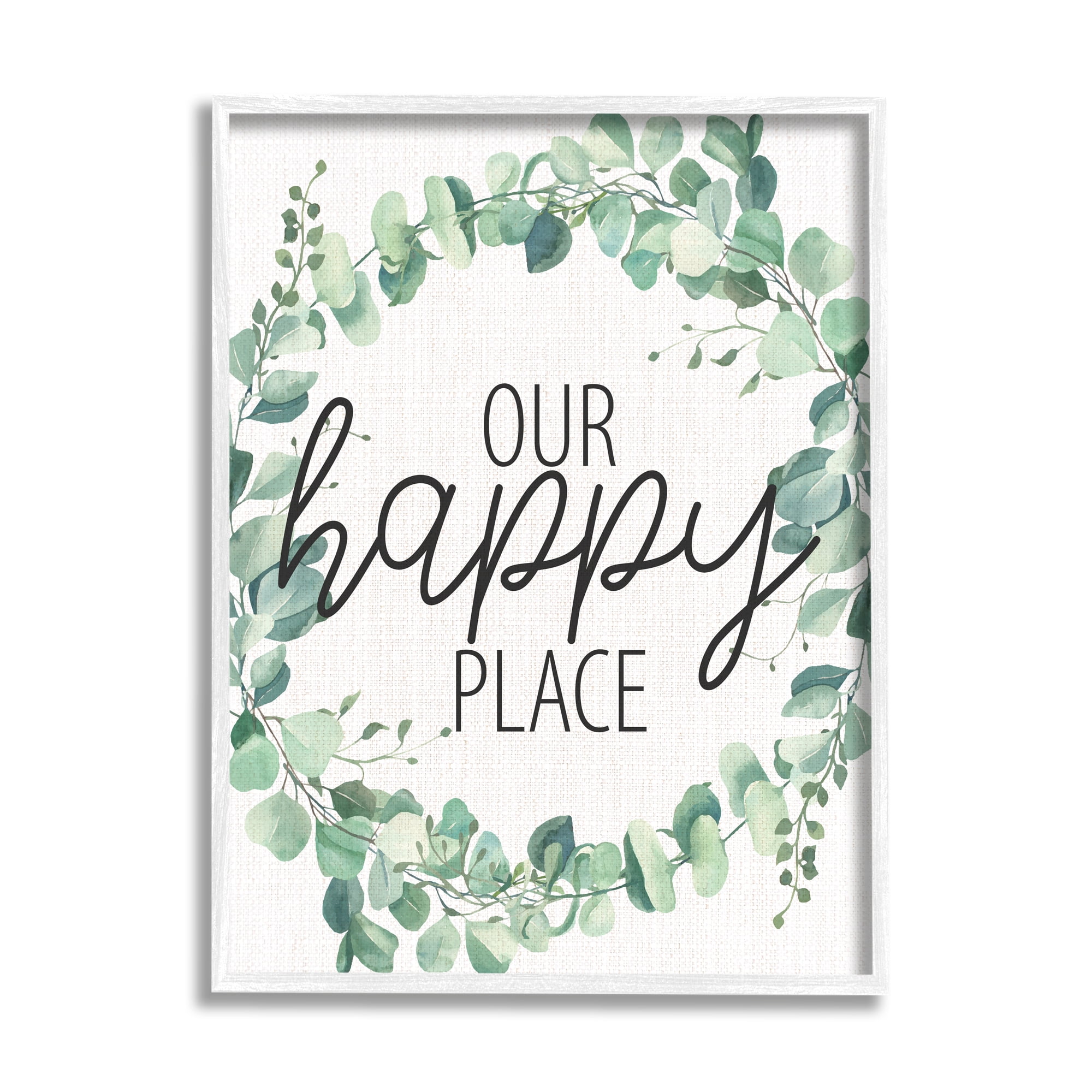 Stupell Industries Our Happy Place Greeting Green Eucalyptus Plant Wreath, 24 x 30, Designed by Kim Allen