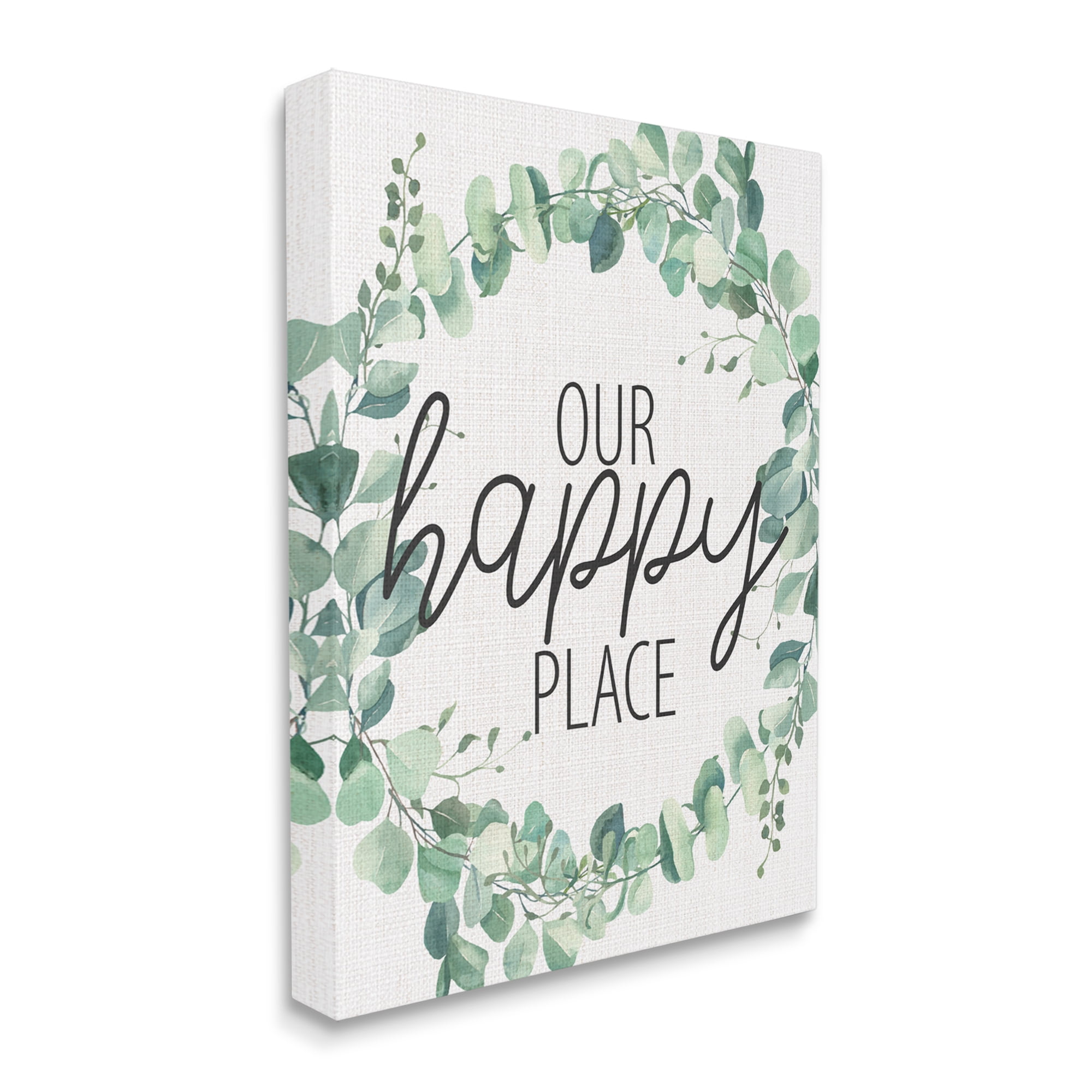 Stupell Industries Our Happy Place Greeting Green Eucalyptus Plant Wreath, 36 x 48, Designed by Kim Allen