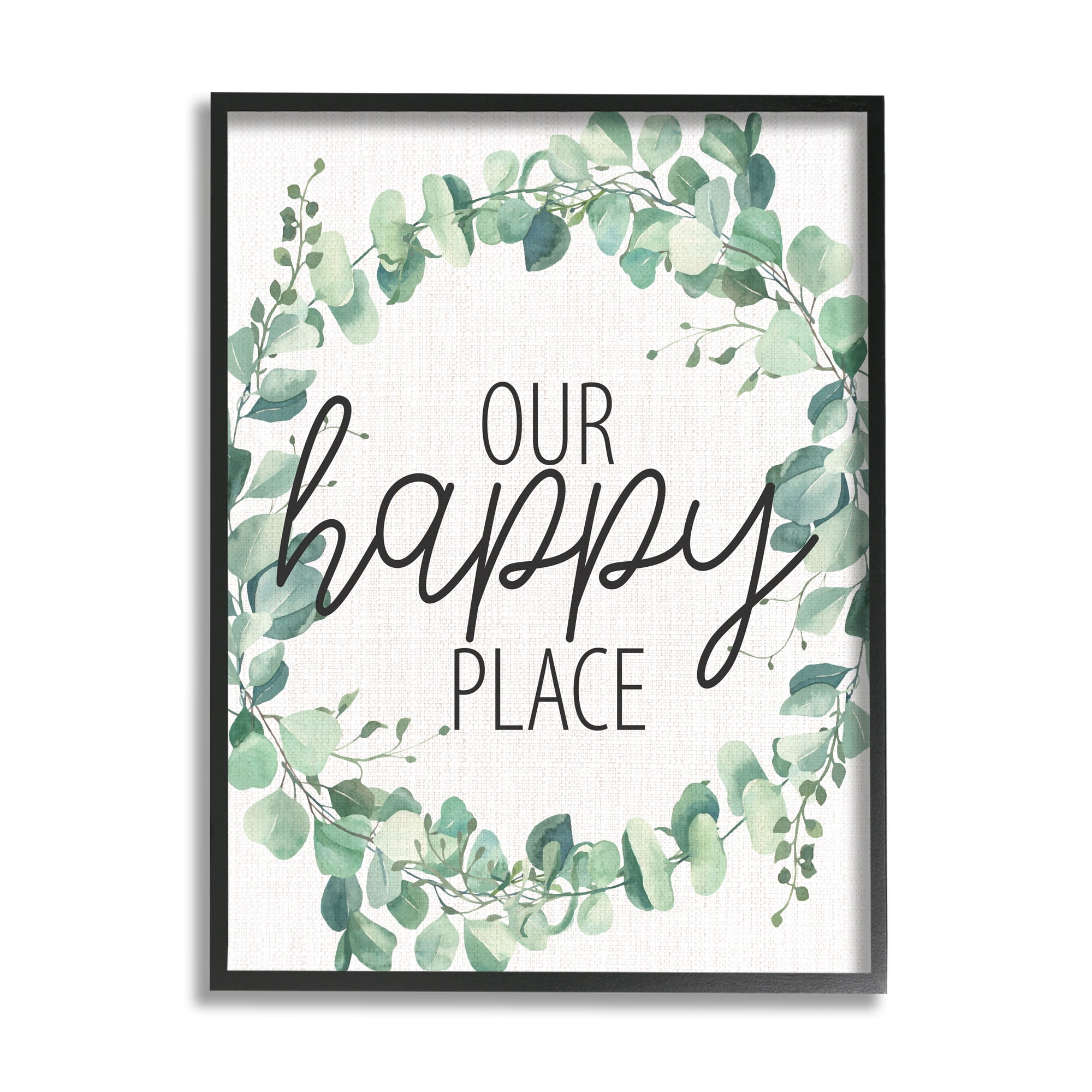 Stupell Industries Our Happy Place Greeting Green Eucalyptus Plant Wreath Graphic Art Black Framed Art Print Wall Art, 11x14, by Kim Allen