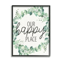 Stupell Industries Our Happy Place Greeting Green Eucalyptus Plant Wreath Graphic Art Black Framed Art Print Wall Art, 16x20, by Kim Allen