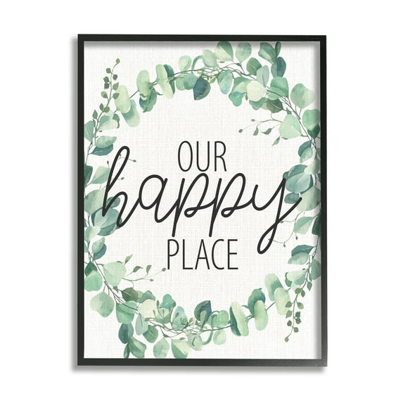 Stupell Industries Our Happy Place Greeting Green Eucalyptus Plant Wreath Graphic Art Black Framed Art Print Wall Art, 24x30, by Kim Allen