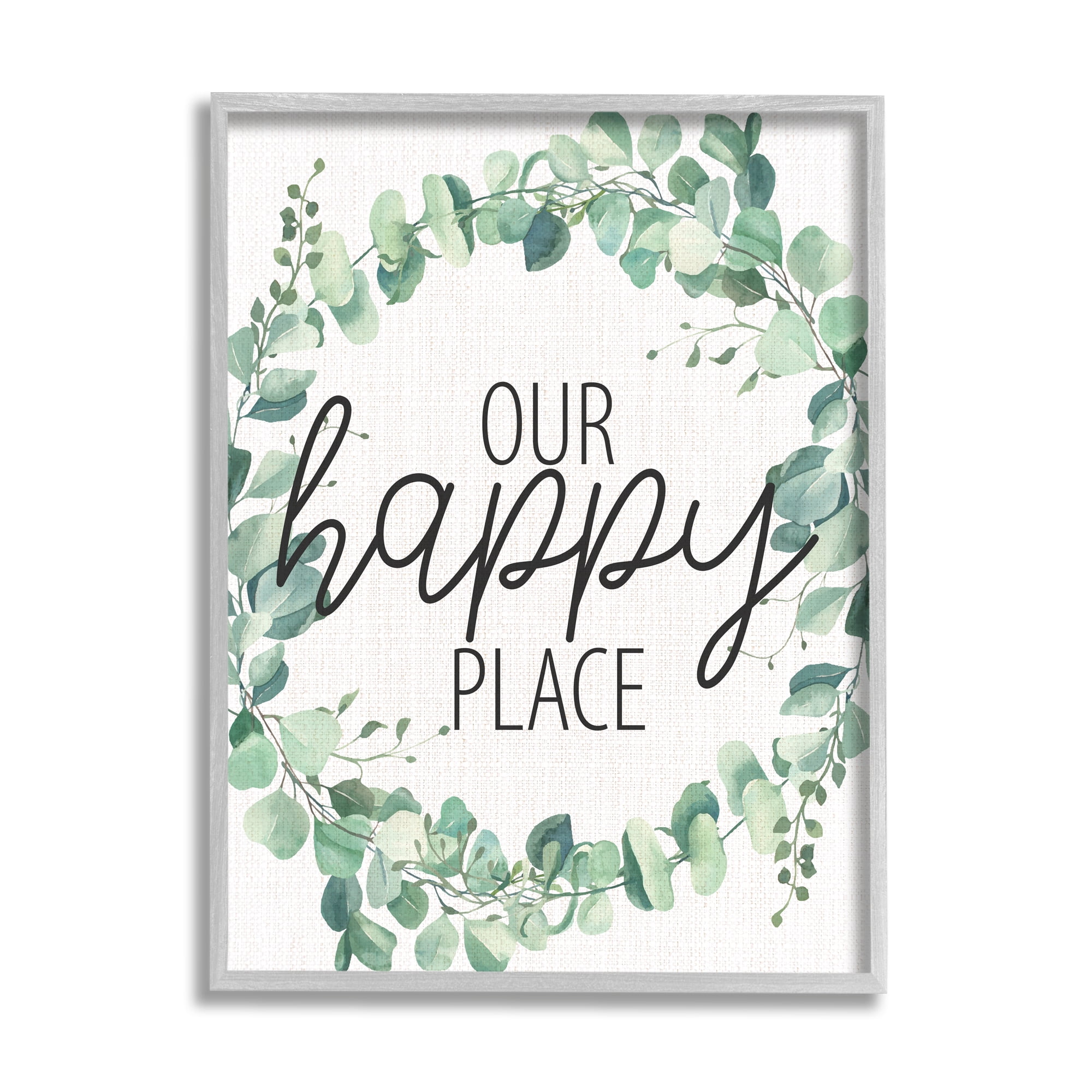 Stupell Industries Our Happy Place Greeting Green Eucalyptus Plant Wreath Graphic Art Gray Framed Art Print Wall Art, 16x20, by Kim Allen