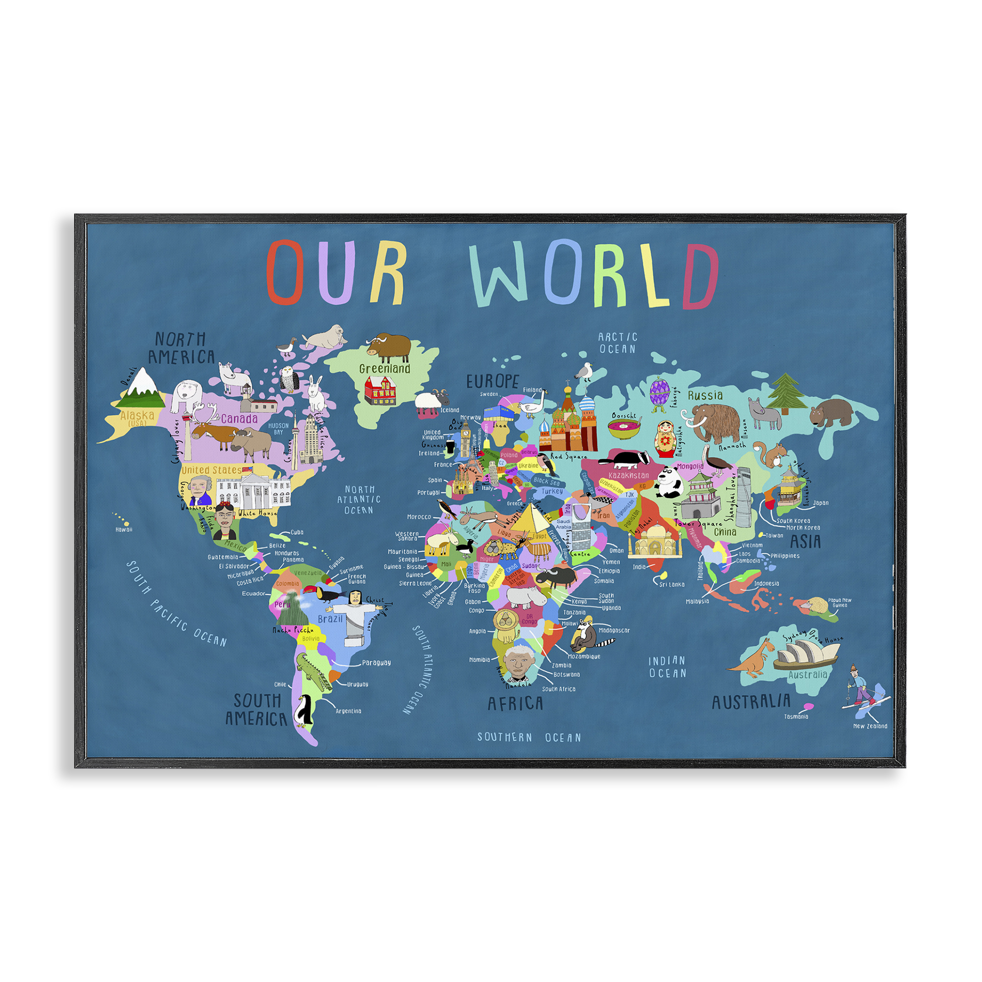 Stupell Industries Our World Map Education Painting Black Framed Art Print Wall Art, 30 x 20