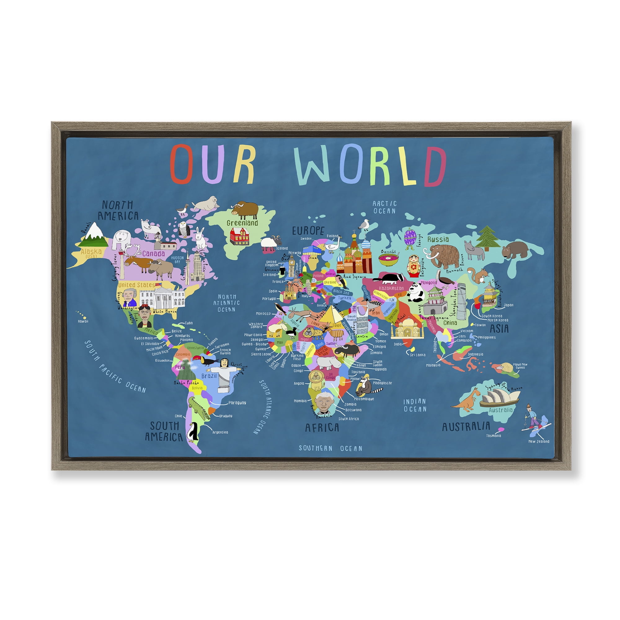 Stupell Industries Our World Map Education Painting Brown Floater Framed Canvas Art Print Wall Art, 31 x 21