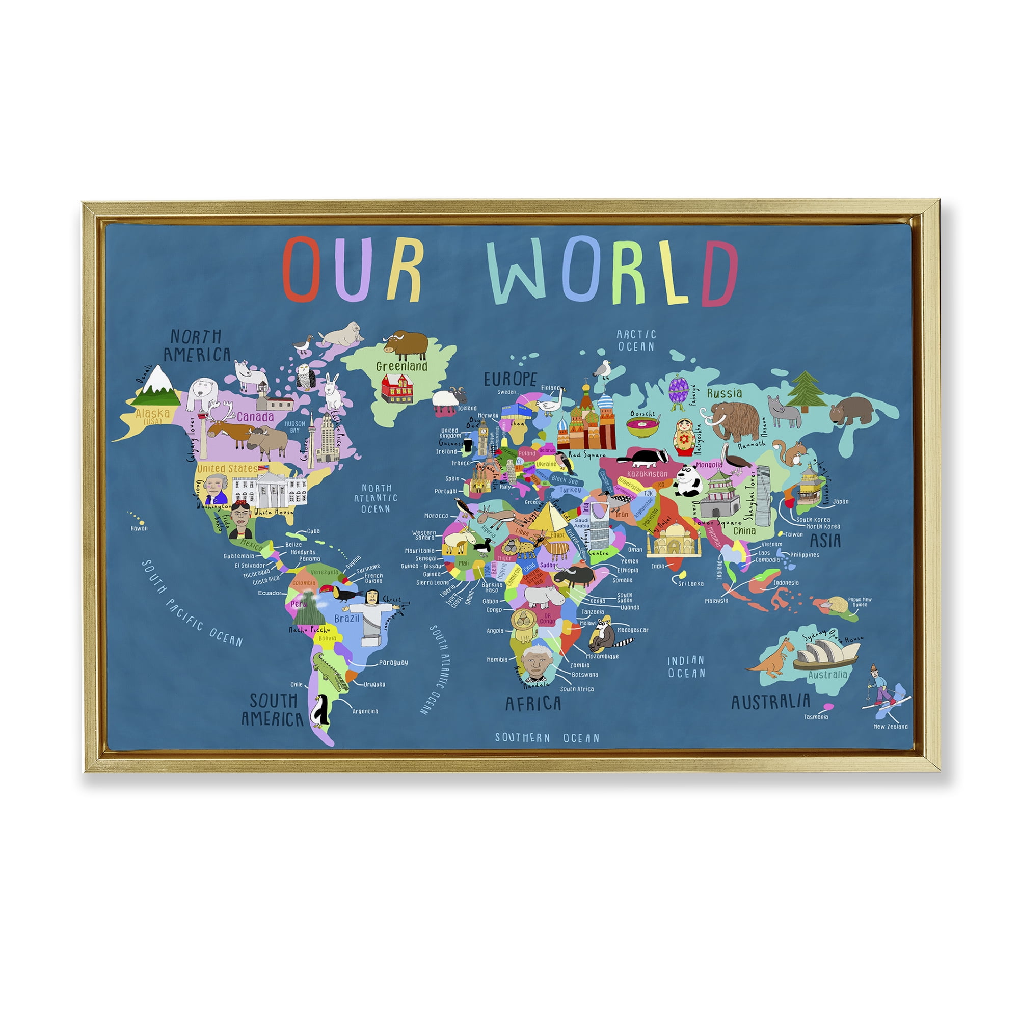 Stupell Industries Our World Map Education Painting Gold Floater Framed Canvas Art Print Wall Art, 25 x 17