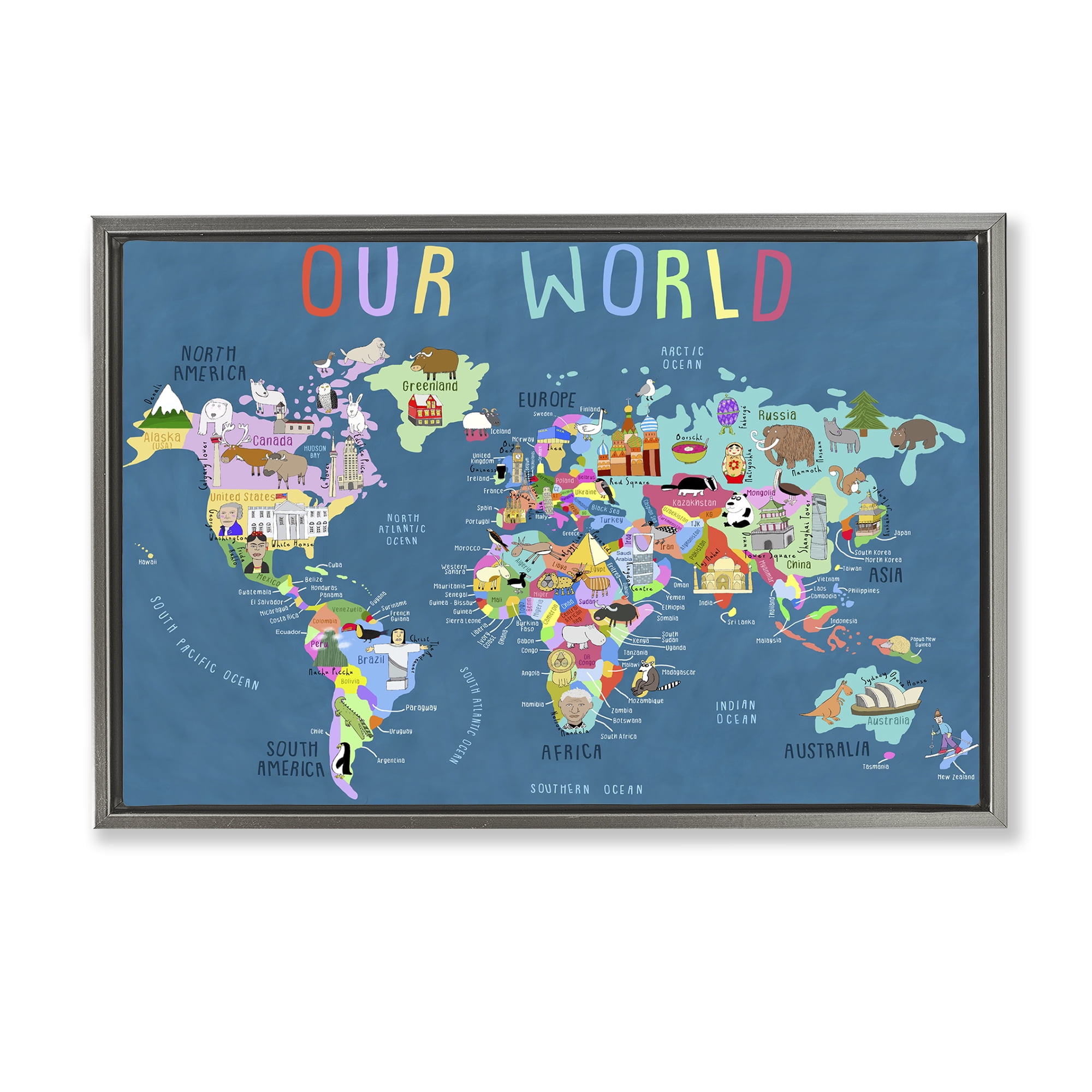 Stupell Industries Our World Map Education Painting Gray Floater Framed Canvas Art Print Wall Art, 31 x 21