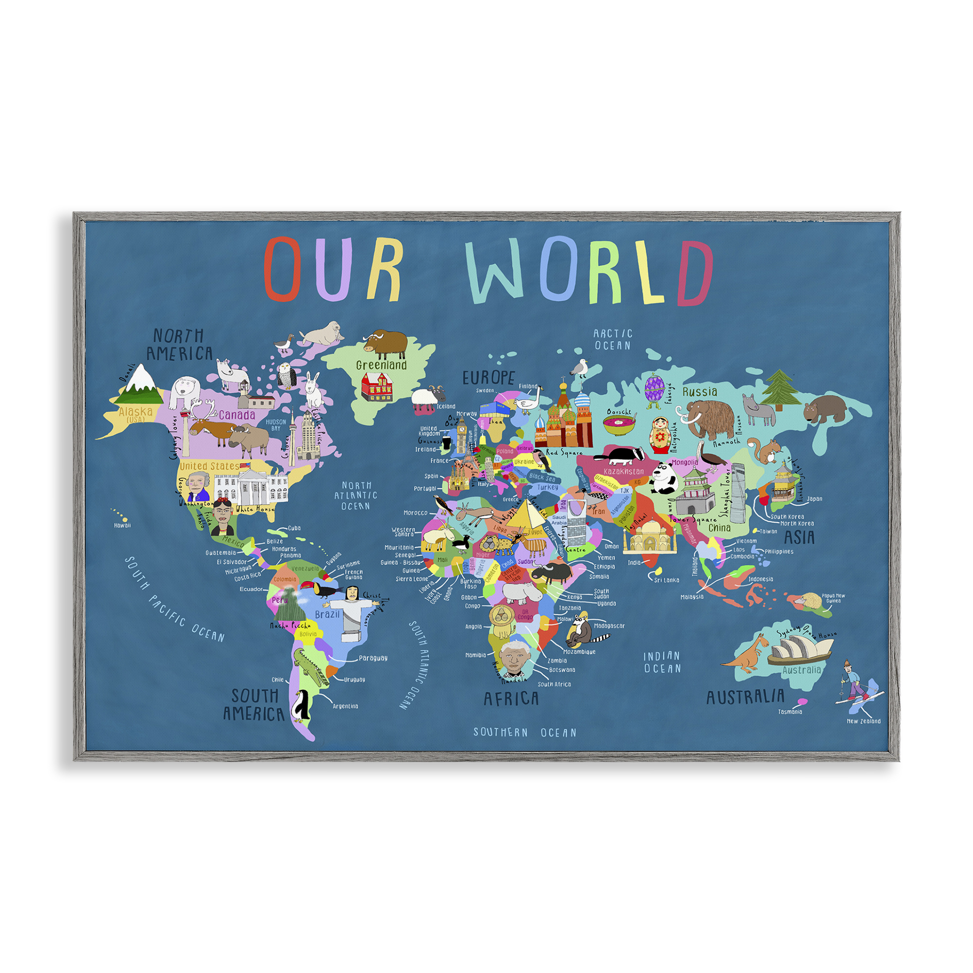 Stupell Industries Our World Map Education Painting Gray Framed Art Print Wall Art, 18 x 12