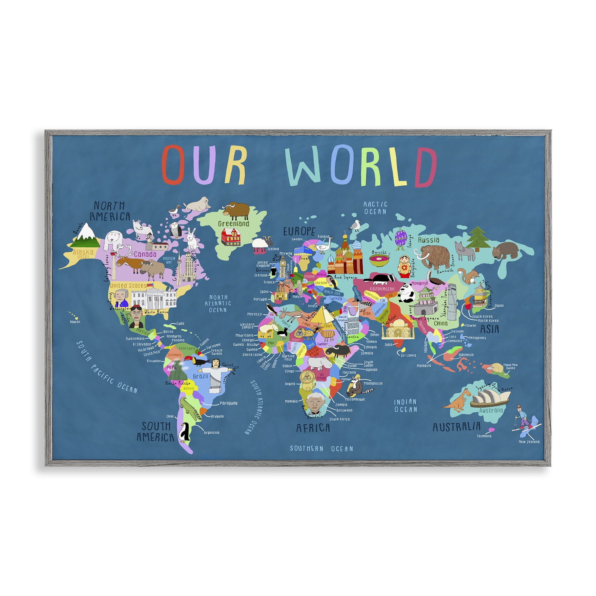 Stupell Industries Our World Map Education Painting Gray Framed Art Print Wall Art, 30 x 20