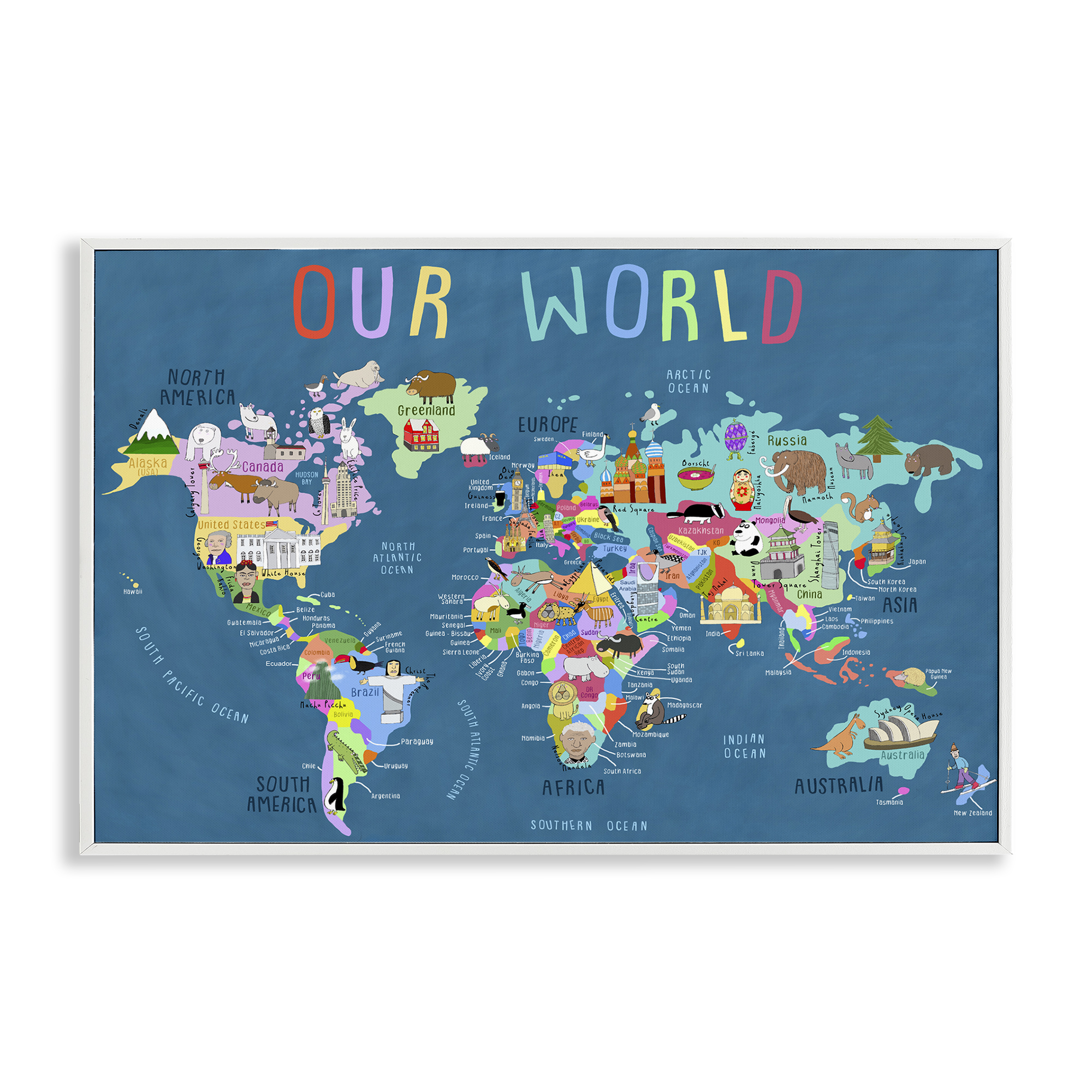 Stupell Industries Our World Map Education Painting White Framed Art Print Wall Art, 18 x 12