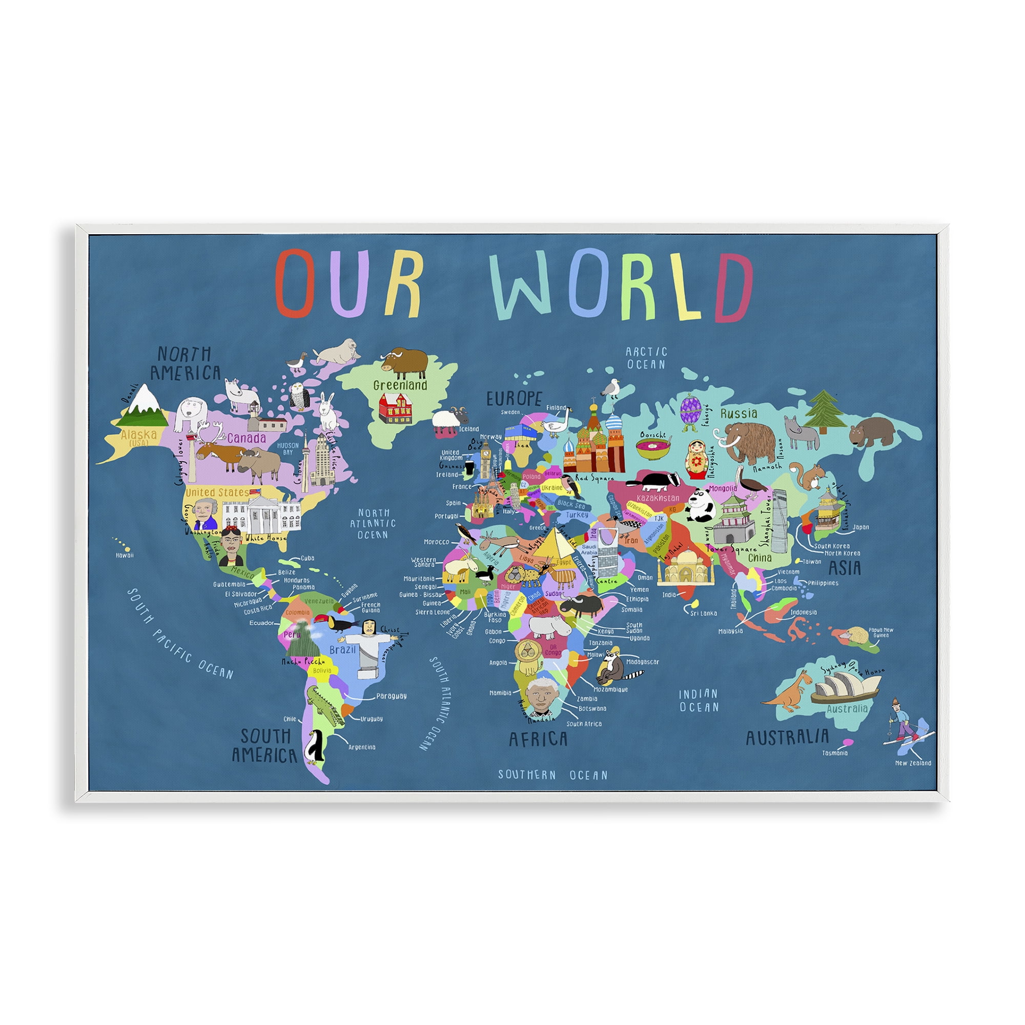 Stupell Industries Our World Map Education Painting White Framed Art Print Wall Art, 24 x 16