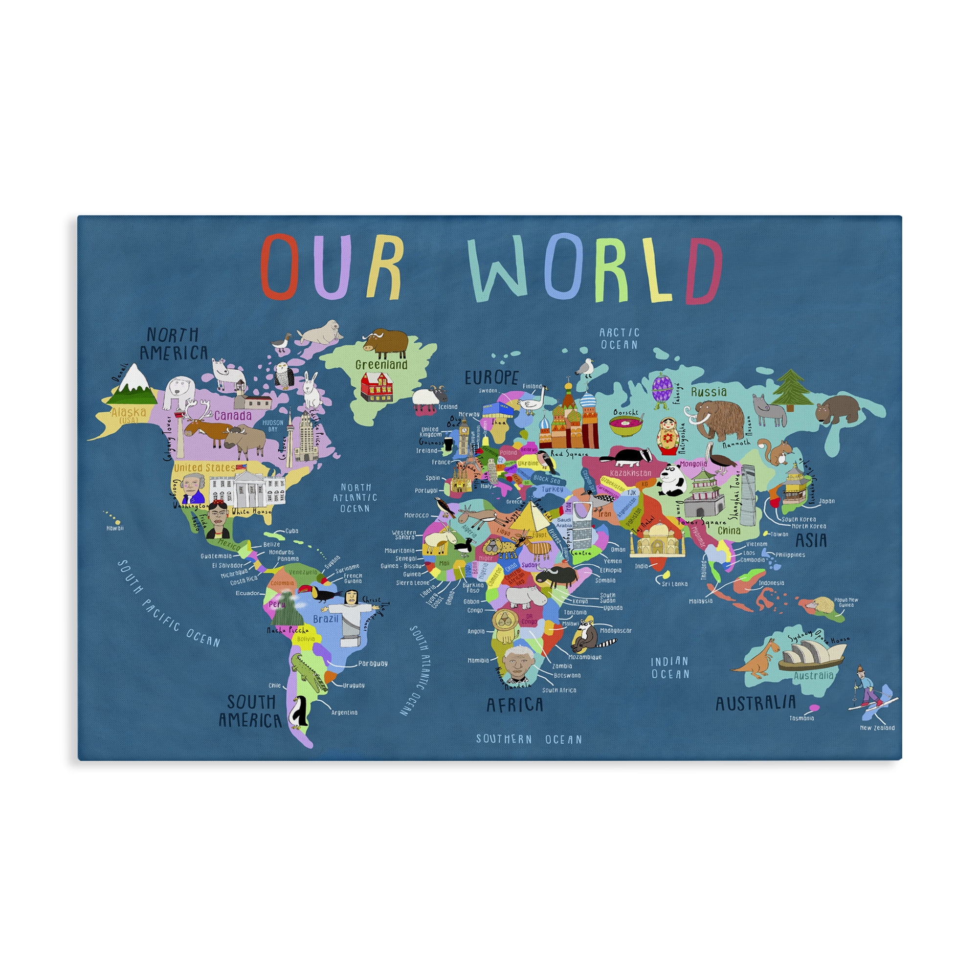 Stupell Industries Our World Map Education Painting Wrapped Canvas Art Print Wall Art, 30 x 20