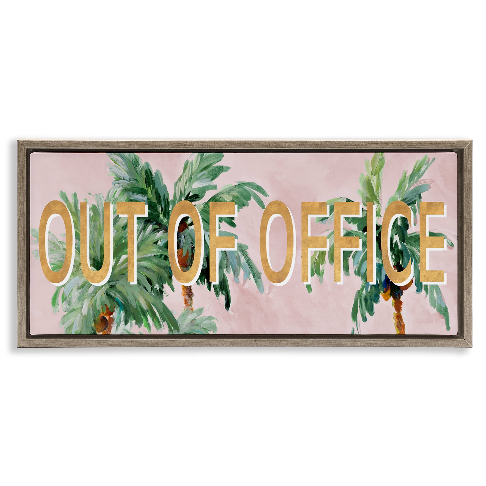 Stupell Industries Out Of Office Palms Typography Painting Brown Floater Framed Canvas Art Print Wall Art, 31 x 14