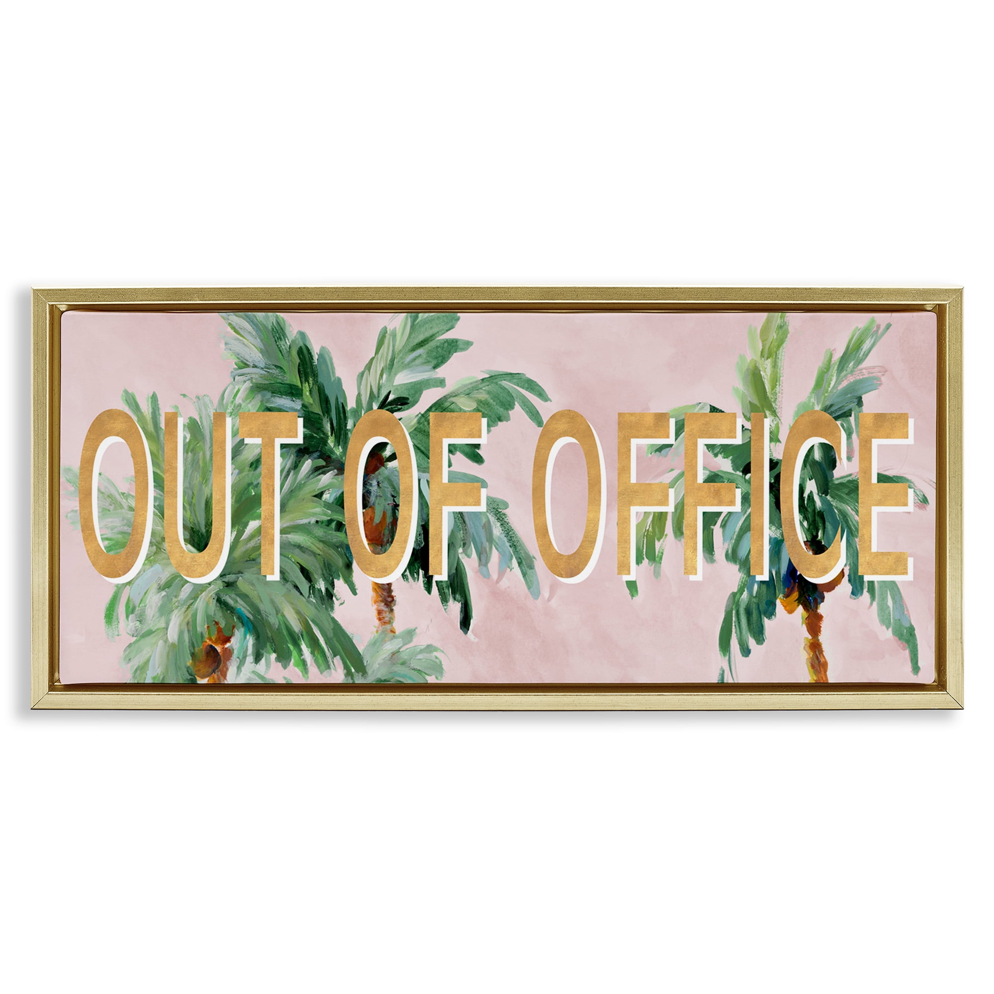 Stupell Industries Out Of Office Palms Typography Painting Gold Floater Framed Canvas Art Print Wall Art, 31 x 14