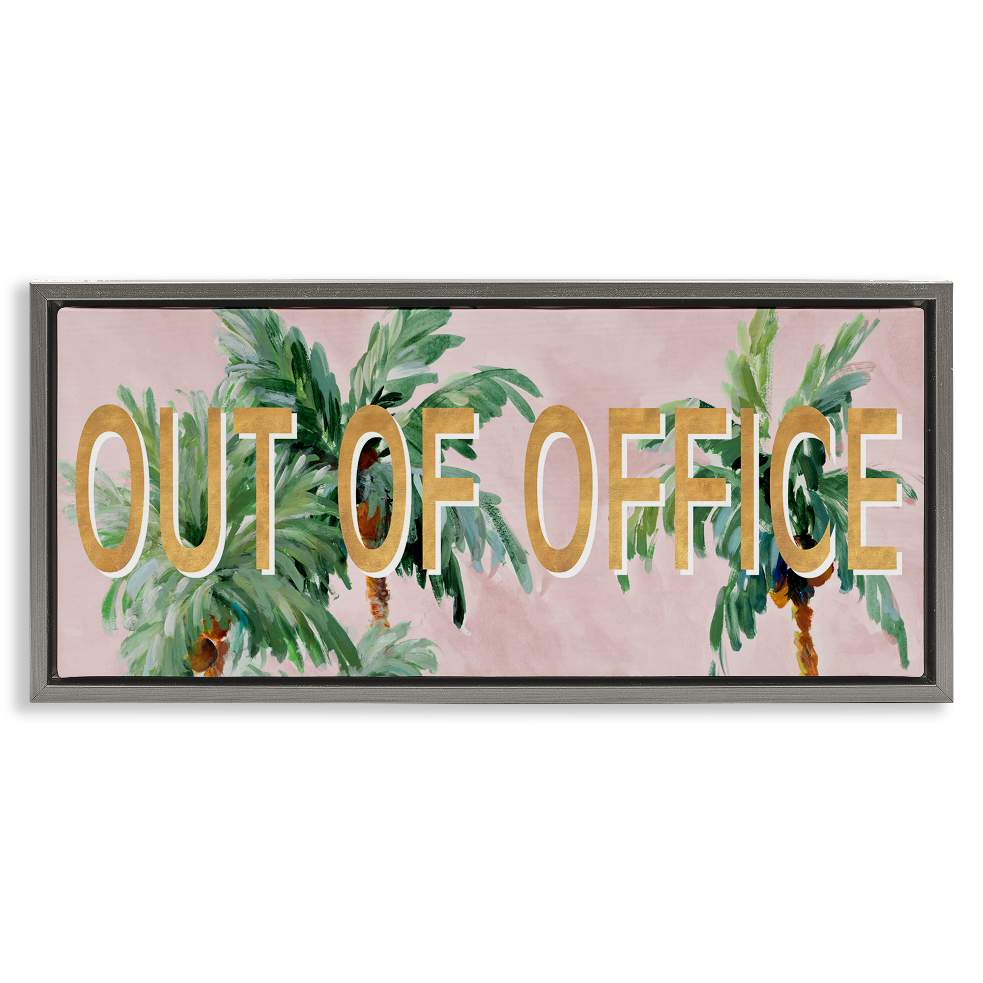 Stupell Industries Out Of Office Palms Typography Painting Gray Floater Framed Canvas Art Print Wall Art, 31 x 14
