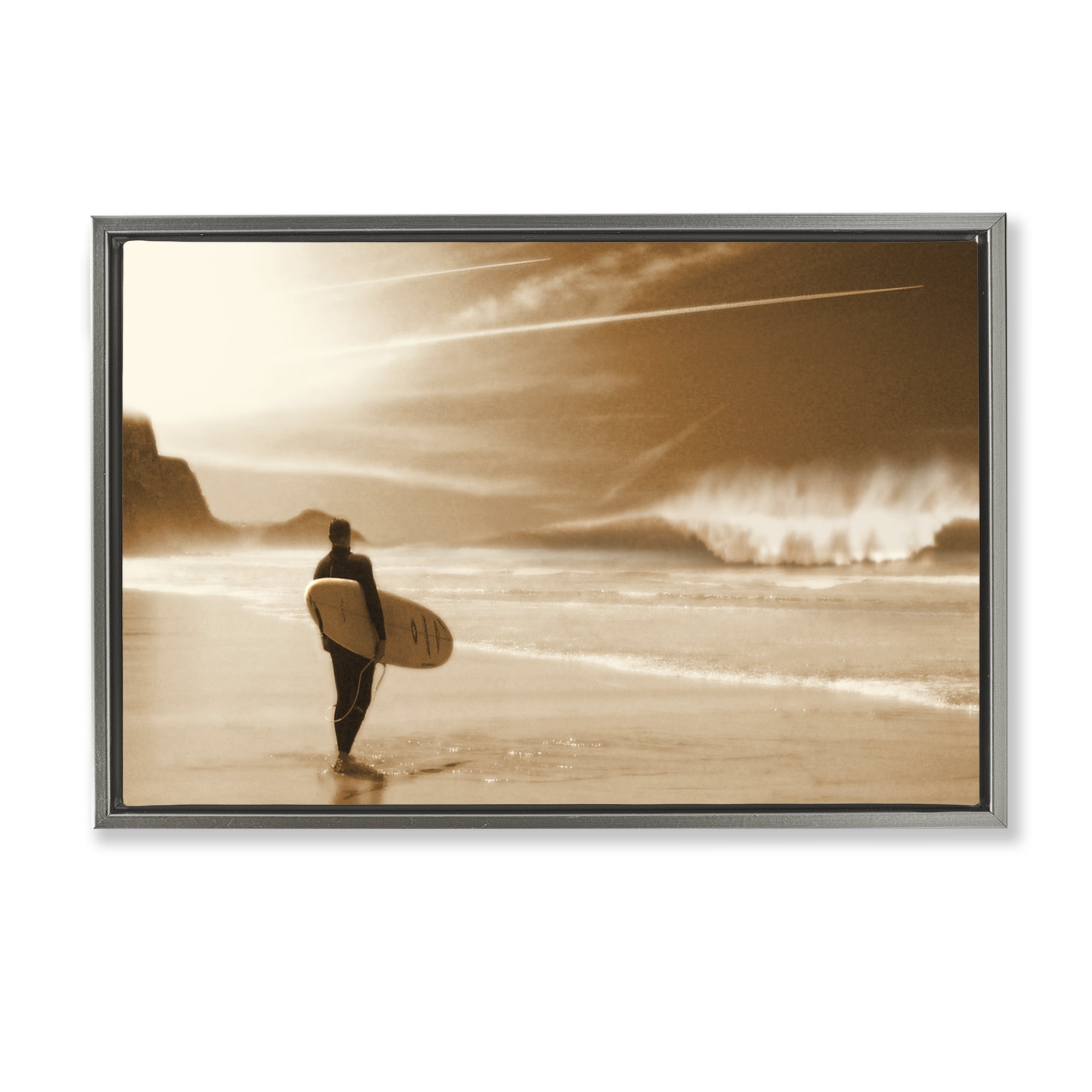 Gray Framed Coastal Surfer Landscape Canvas Print, 25 x 17