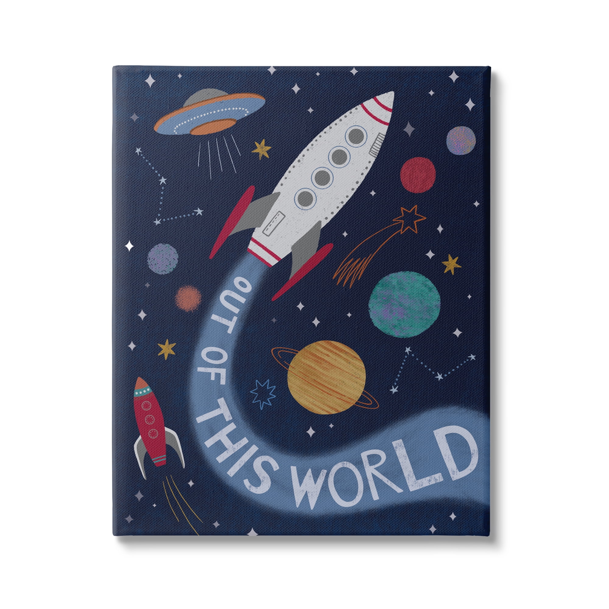 Stupell Industries Out Of This World Text Flying Rocket Ship Galaxy Canvas  Wall Art, 16 x 20, Design by Nina Seven