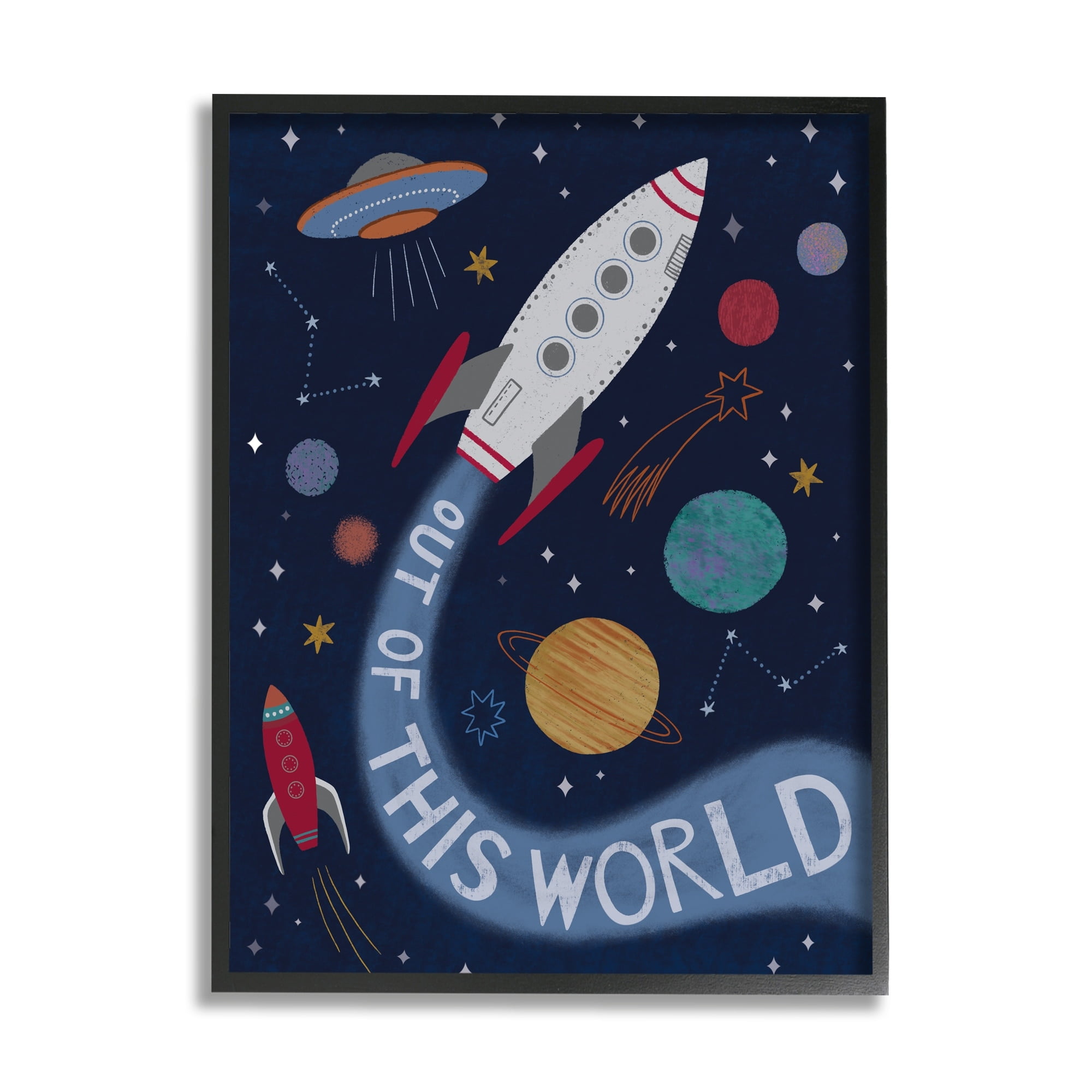 Stupell Industries Out Of This World Text Flying Rocket Ship Galaxy Framed Wall Art, 11 x 14, Design by Nina Seven