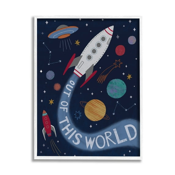 Stupell Industries Out Of This World Text Flying Rocket Ship Galaxy Framed Wall Art, 16 x 20, Design by Nina Seven