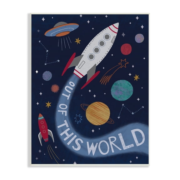 Stupell Industries Out Of This World Text Flying Rocket Ship Galaxy Wood Wall Art, 10 x 15, Design by Nina Seven