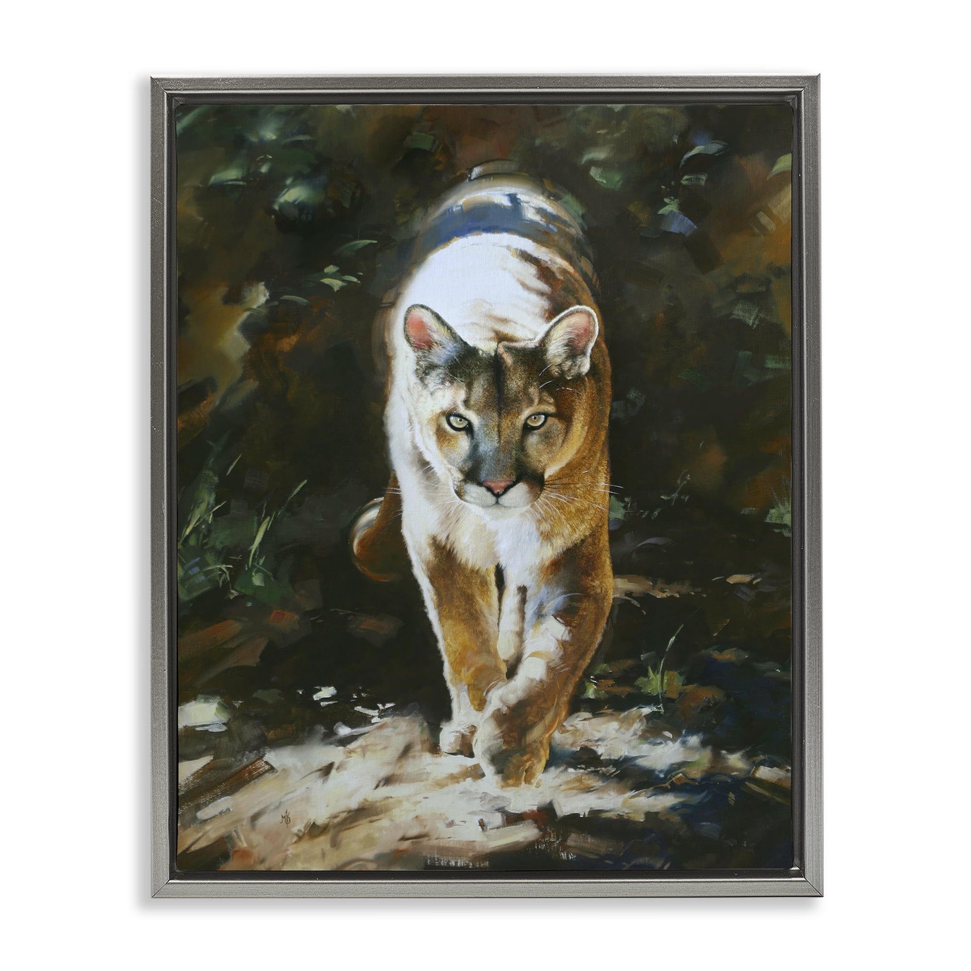 Stupell Industries Out of Shadows Panther Animals Painting Gray Floater Framed Canvas Art Print Wall Art, 17 x 21
