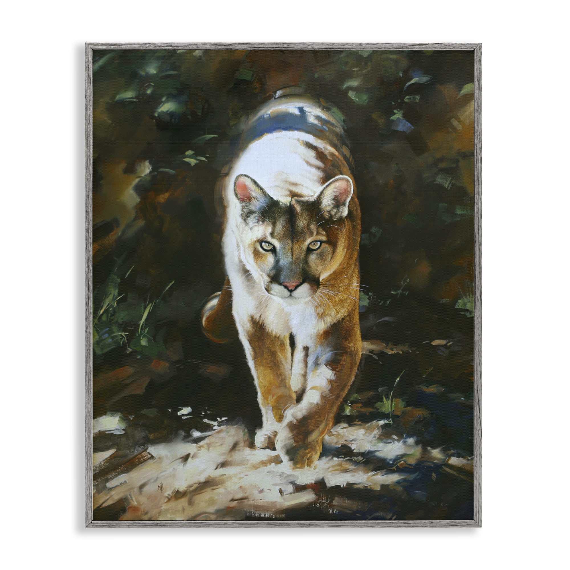 Stupell Industries Out of Shadows Panther Animals Painting Gray Framed Art Print Wall Art, 24 x 30