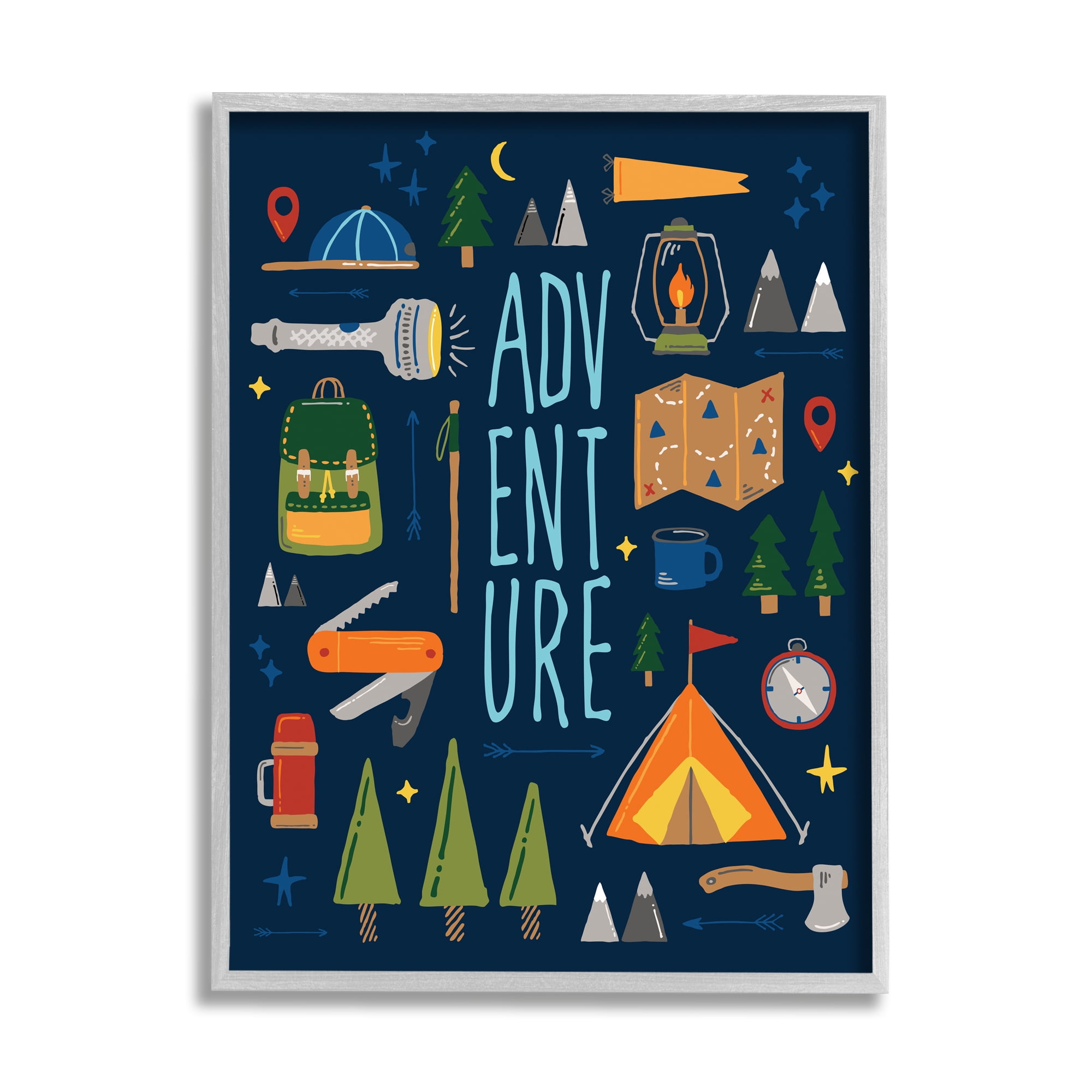 Stupell Industries Outdoor Adventure Phrase Rustic Camping Activities Typography Painting Gray Framed Art Print Wall Art, 11 x 14