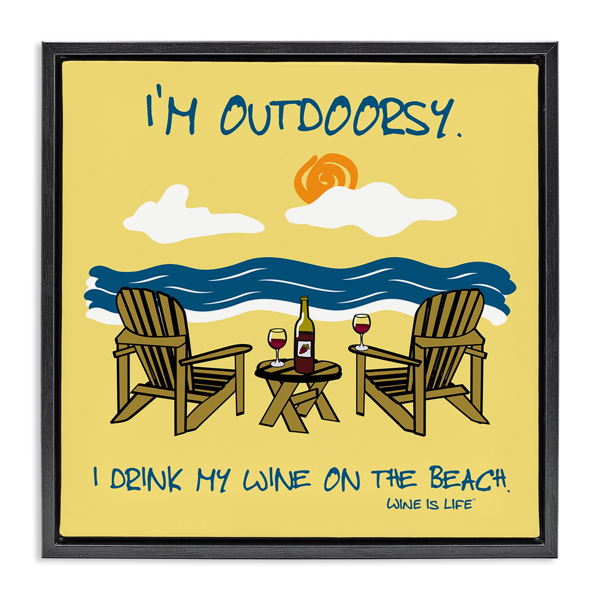 Stupell Industries Outdoorsy Wine on Beach Landscape & Nature Painting Black Floater Framed Canvas Art Print Wall Art, 25 x 25
