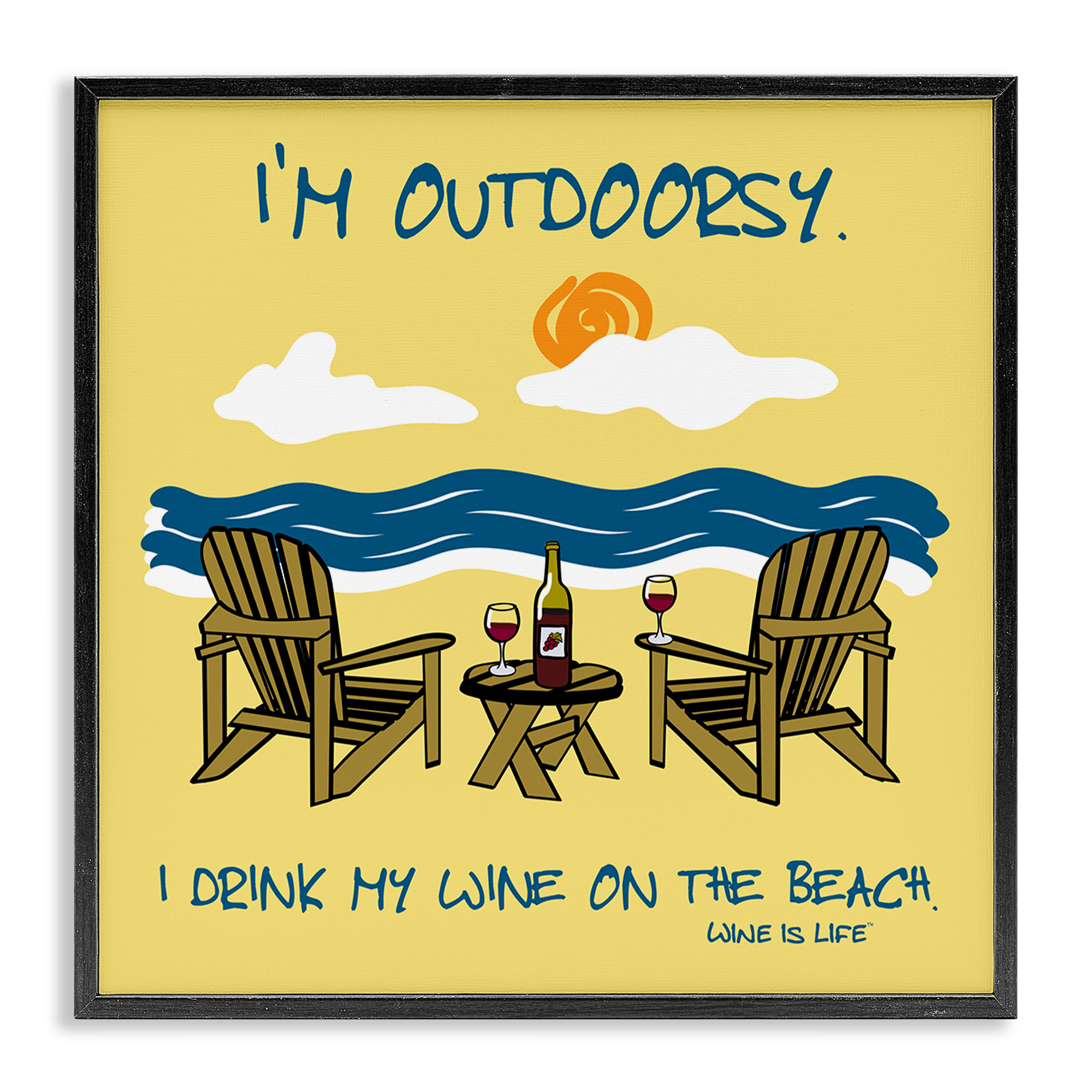 Stupell Industries Outdoorsy Wine on Beach Landscape & Nature Painting Black Framed Art Print Wall Art, 24 x 24