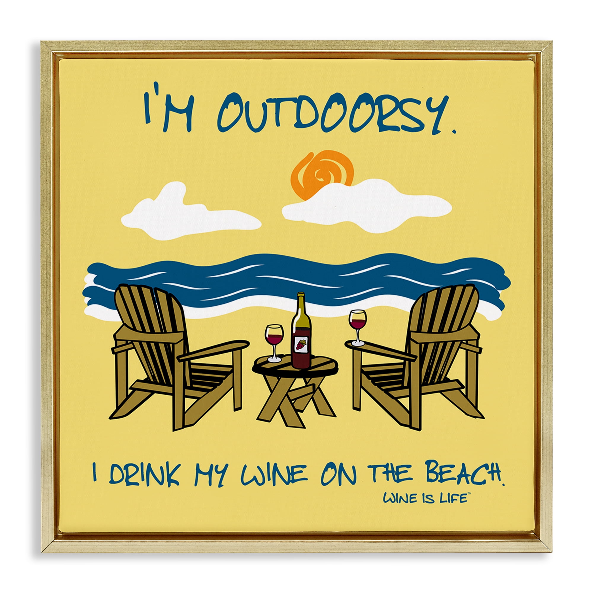 Stupell Industries Outdoorsy Wine on Beach Landscape & Nature Painting Gold Floater Framed Canvas Art Print Wall Art, 25 x 25