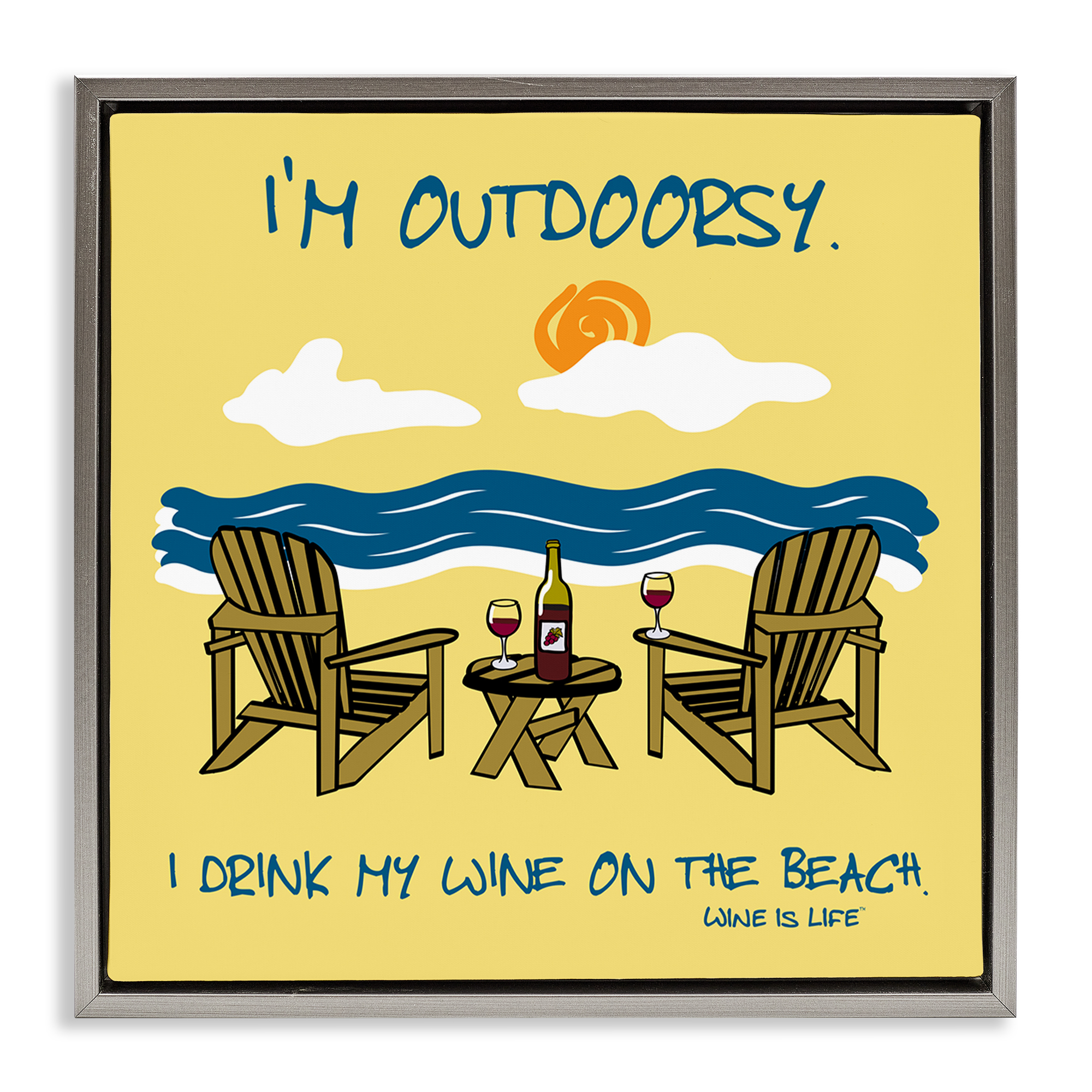 Stupell Industries Outdoorsy Wine on Beach Landscape & Nature Painting Gray Floater Framed Canvas Art Print Wall Art, 18 x 18