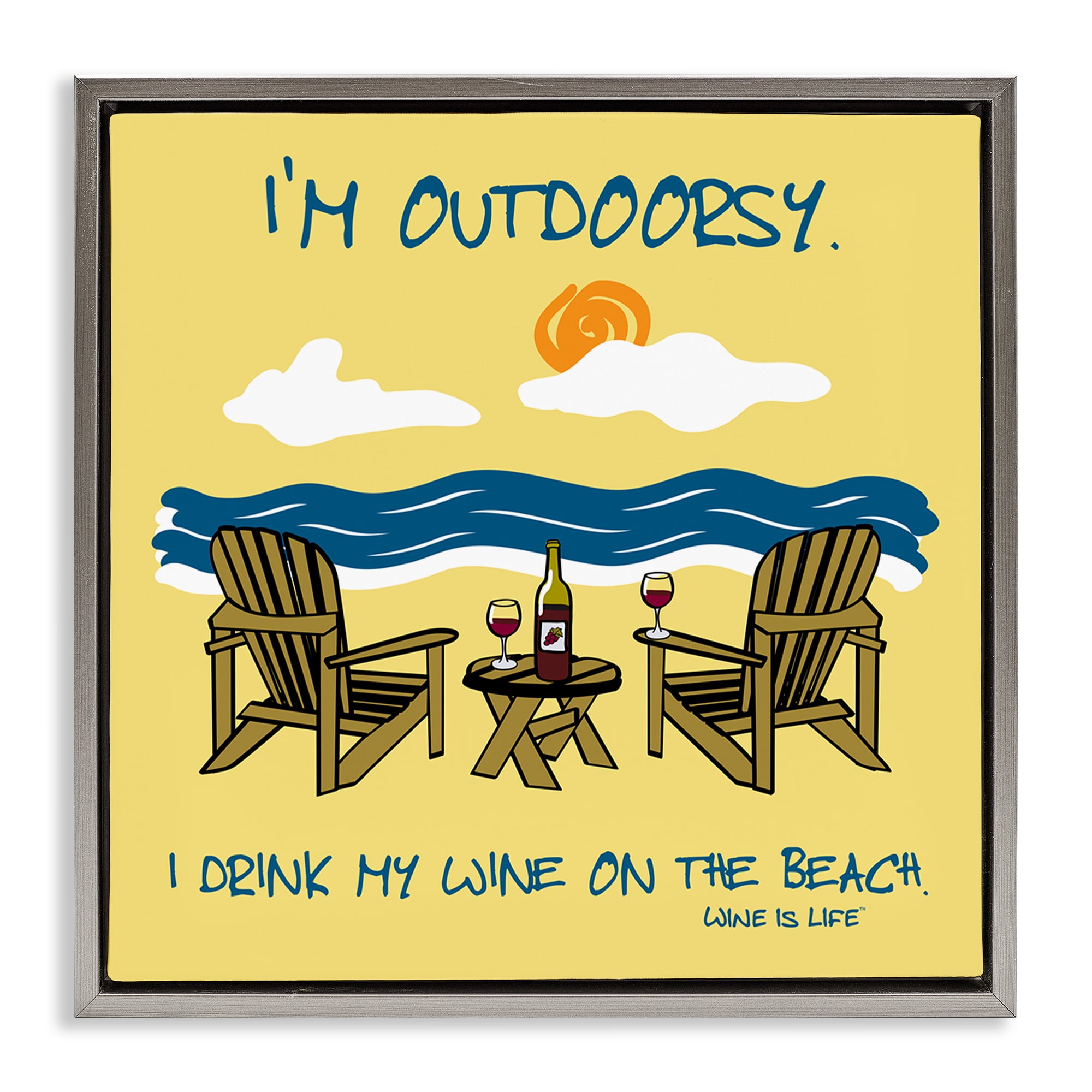 Stupell Industries Outdoorsy Wine on Beach Landscape & Nature Painting Gray Floater Framed Canvas Art Print Wall Art, 25 x 25