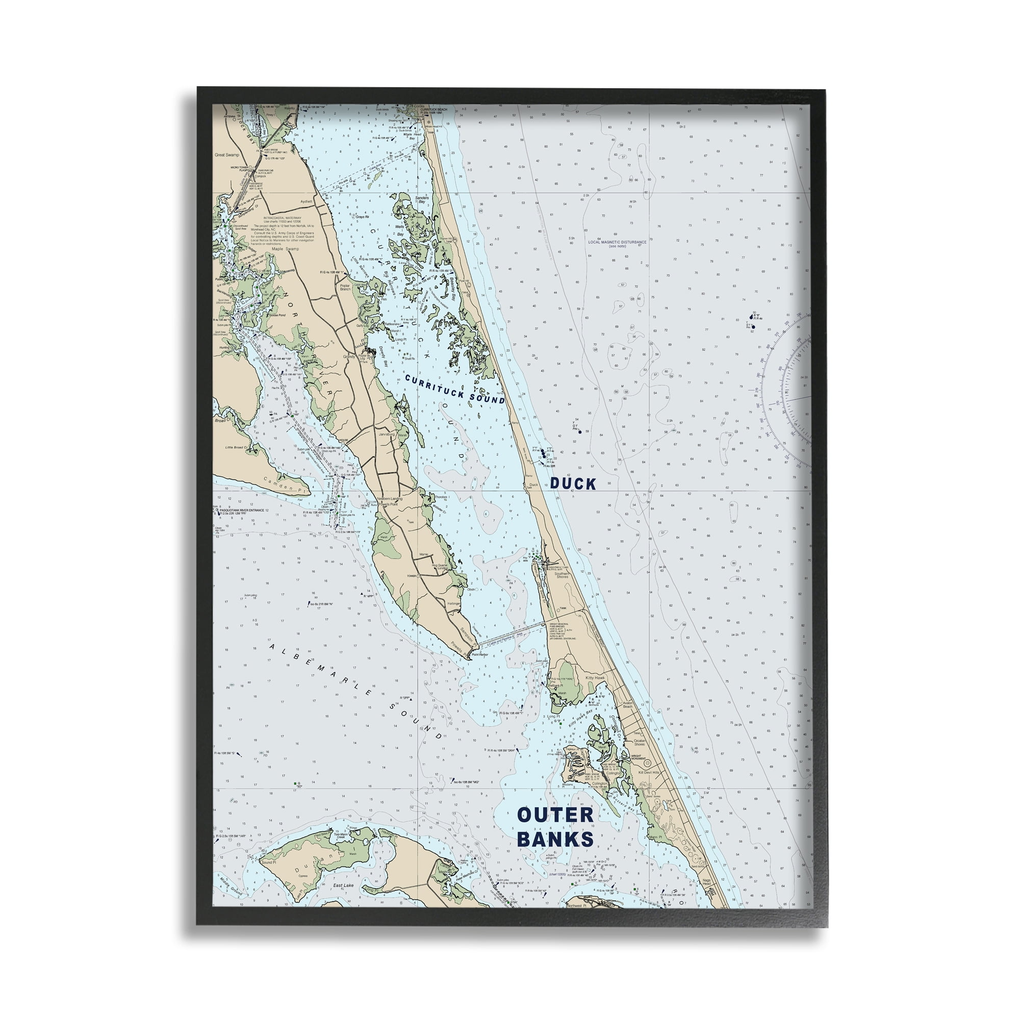 Stupell Industries Outer Banks North Carolina Cartography Nautical Map Vintage Painting Black Framed Art Print Wall Art, 24 x 30, Design by Daphne Polselli