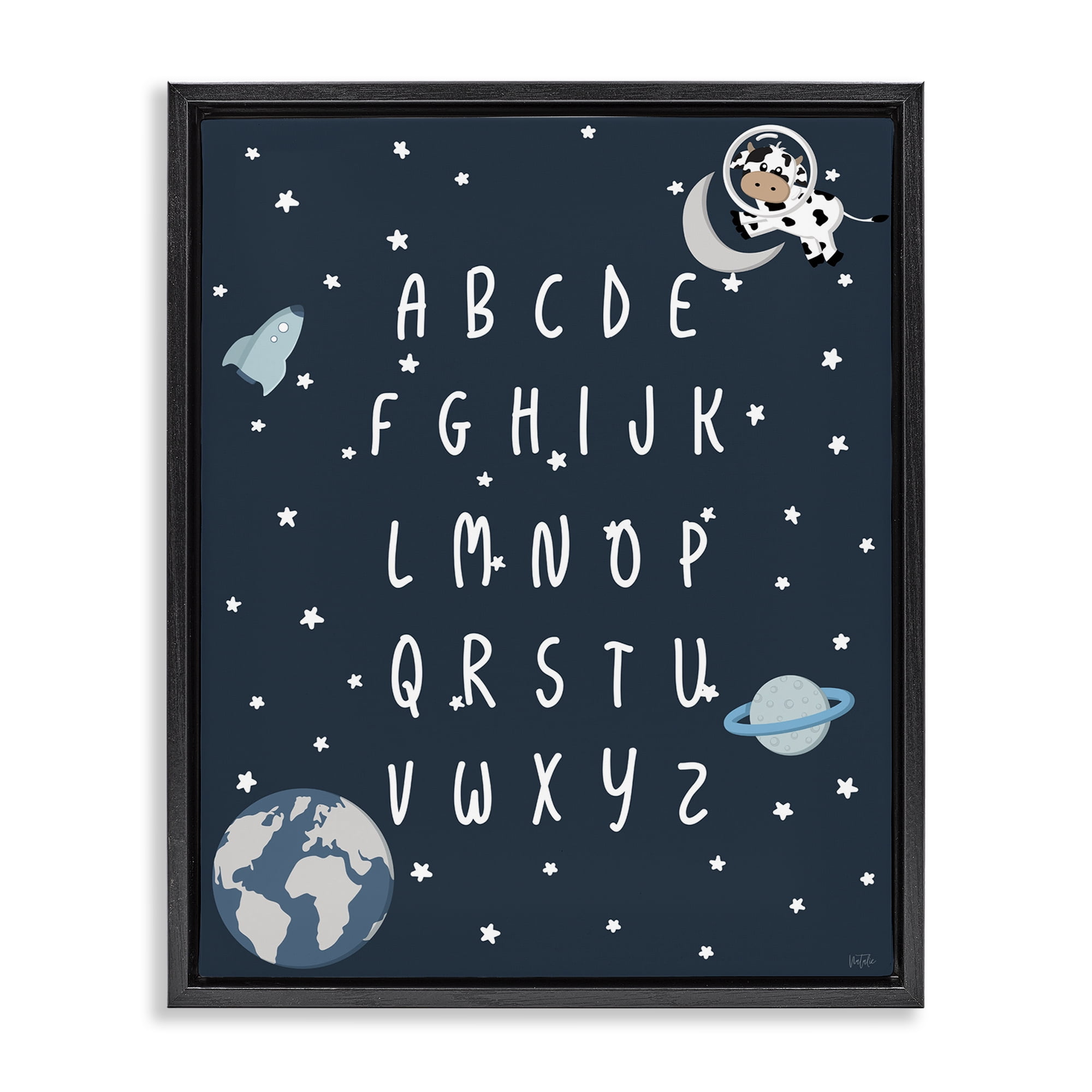 Stupell Industries Outer Space Alphabet Novelty Painting Black Floater Framed Art Print Wall Art, 17 x 21