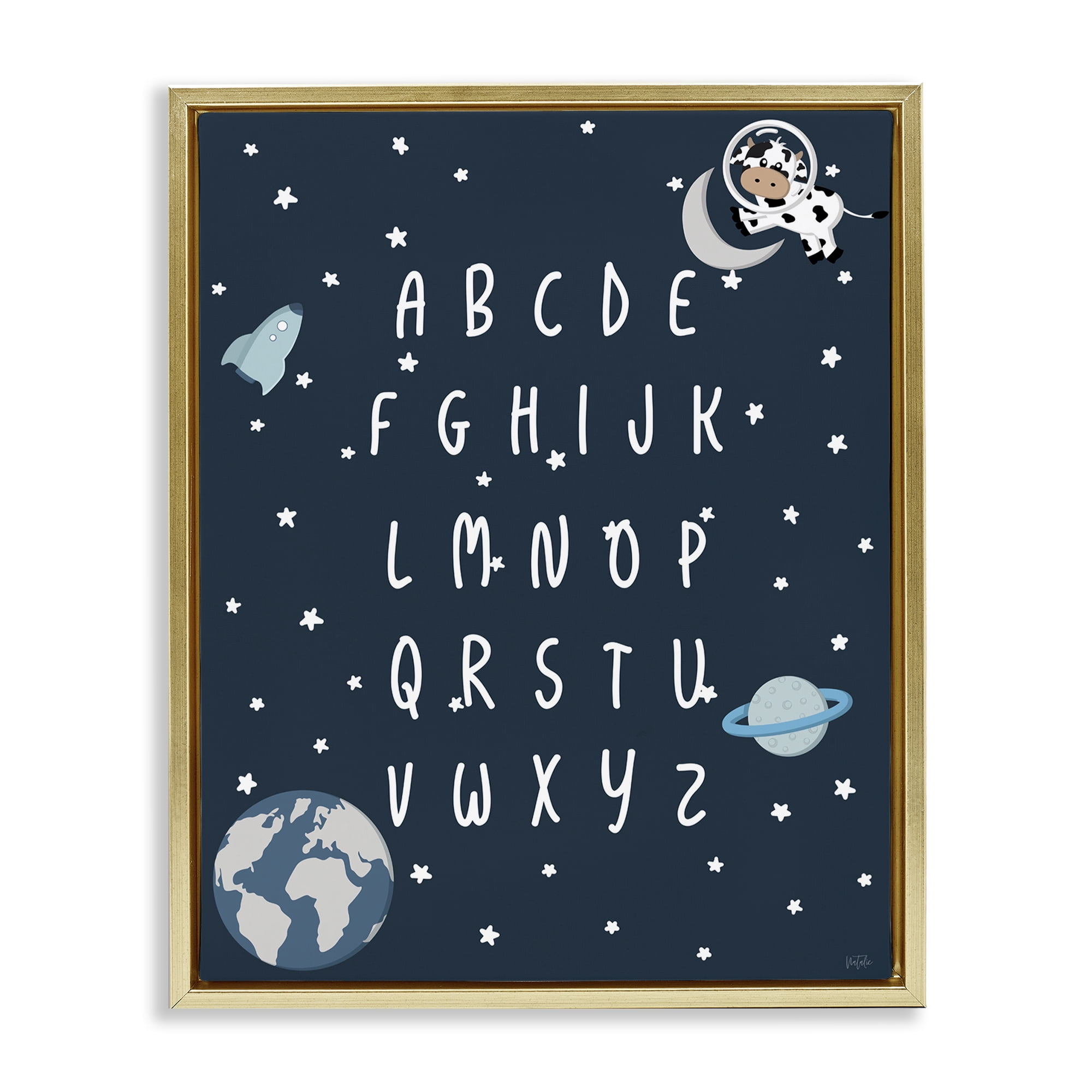 Stupell Industries Outer Space Alphabet Novelty Painting Gold Floater Framed Art Print Wall Art, 25 x 31