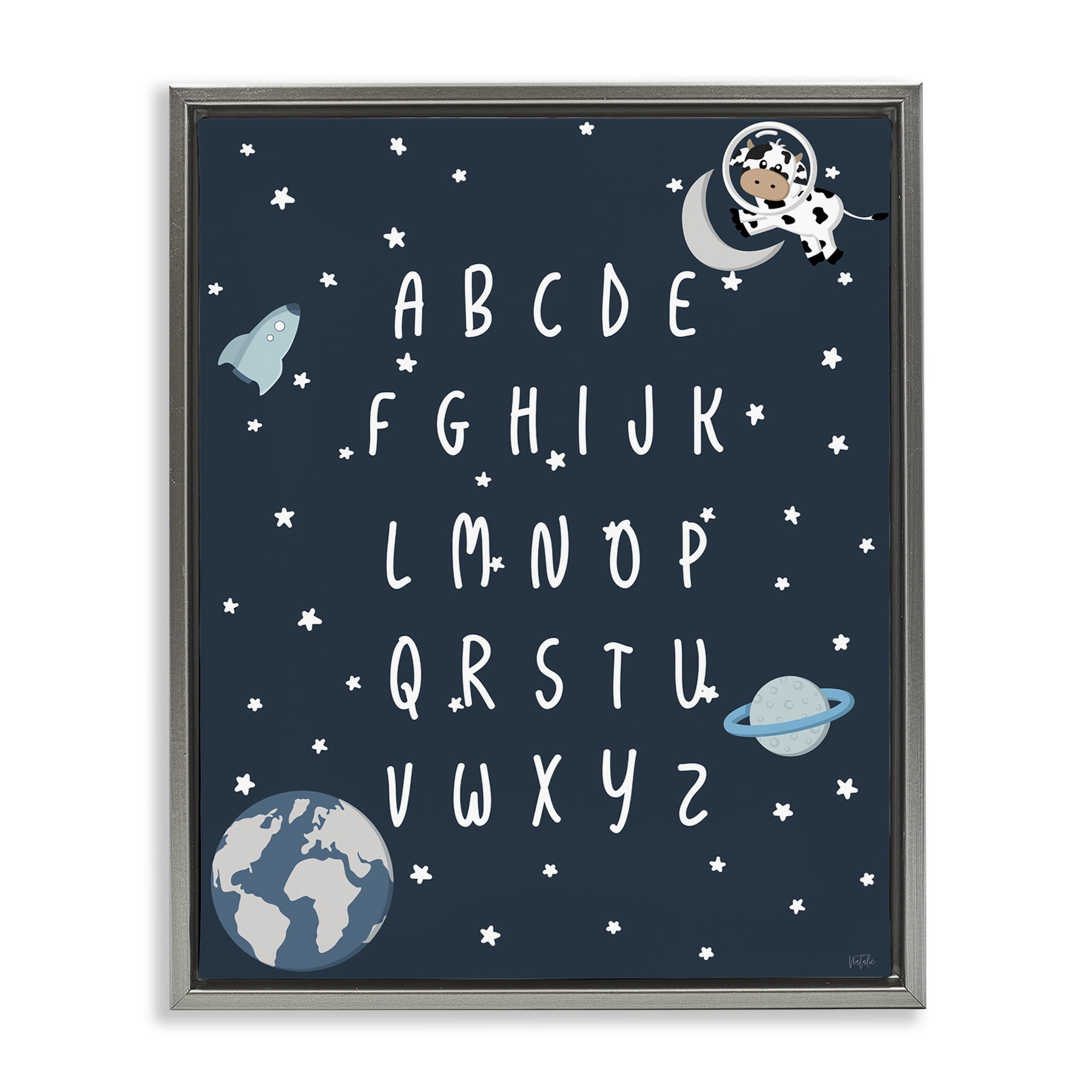 Stupell Industries Outer Space Alphabet Novelty Painting Gray Floater Framed Art Print Wall Art, 17 x 21