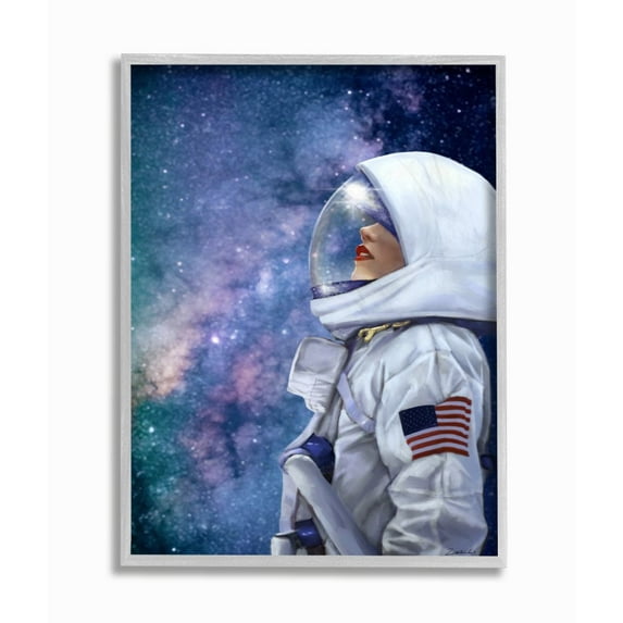 Stupell Industries Outer Space Astronaut Female Astronaut Lipstick Detail Framed Wall Art Design by Ziwei Li, 16" x 20", Gray Framed