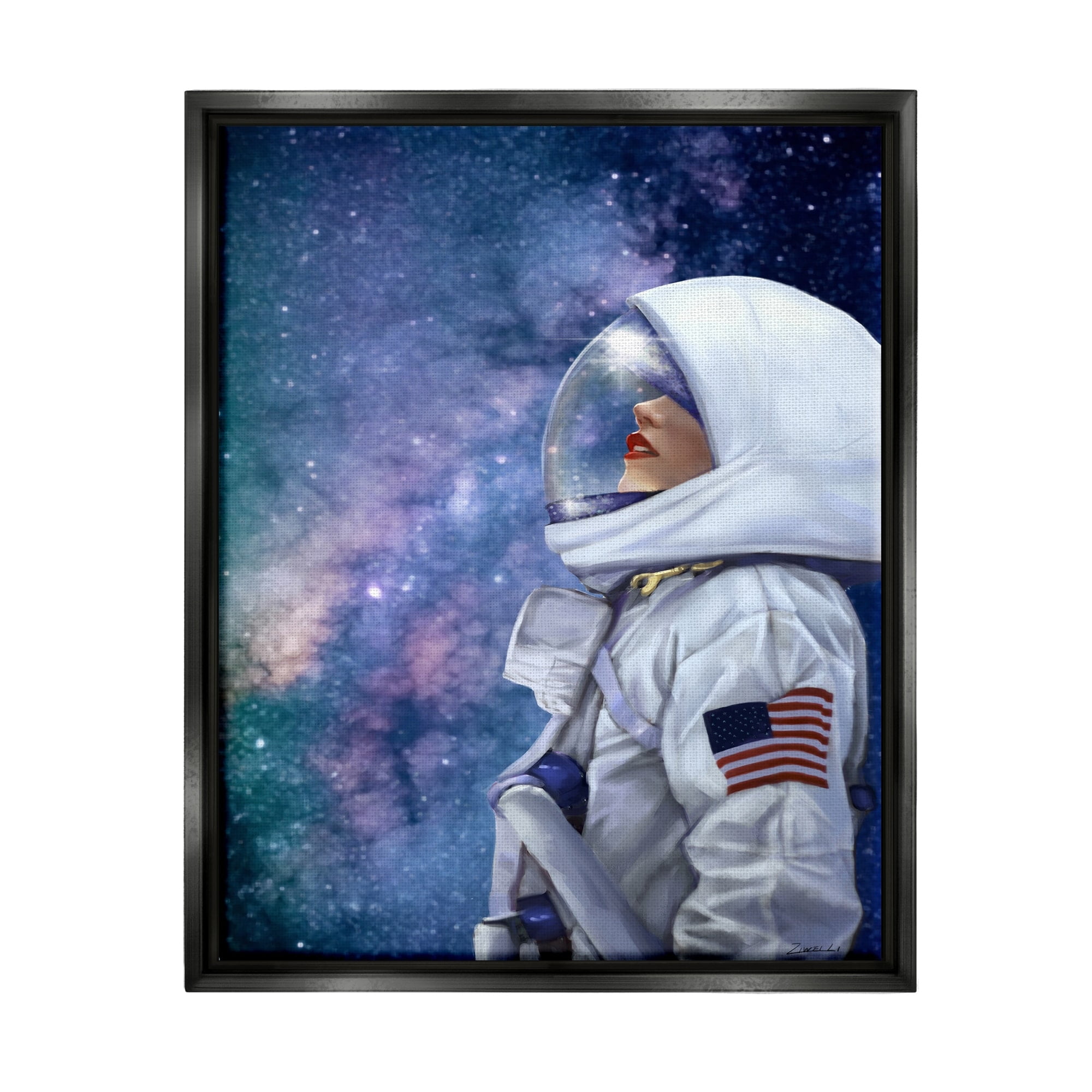 Stupell Industries Outer Space Astronaut Female Astronaut Lipstick Detail Jet Black Framed Floating Canvas Wall Art, 16x20, by Ziwei Li
