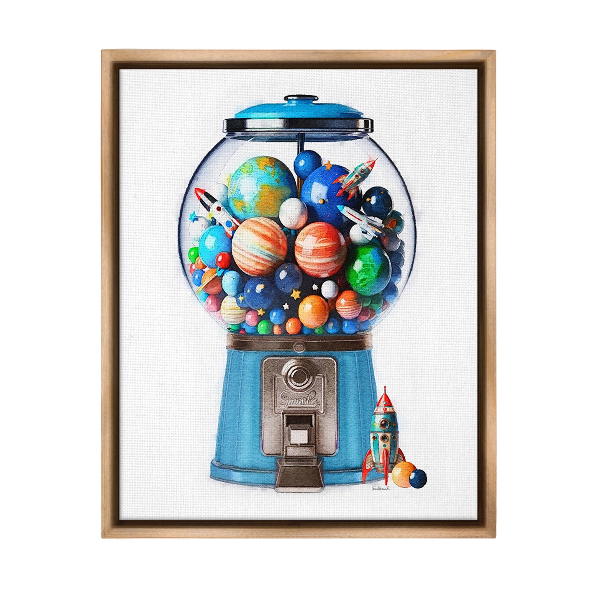 Stupell Industries Outer Space Candy Dispenser Art for Kids Painting Brown Floater Framed Canvas Art Print Wall Art, 17 x 21