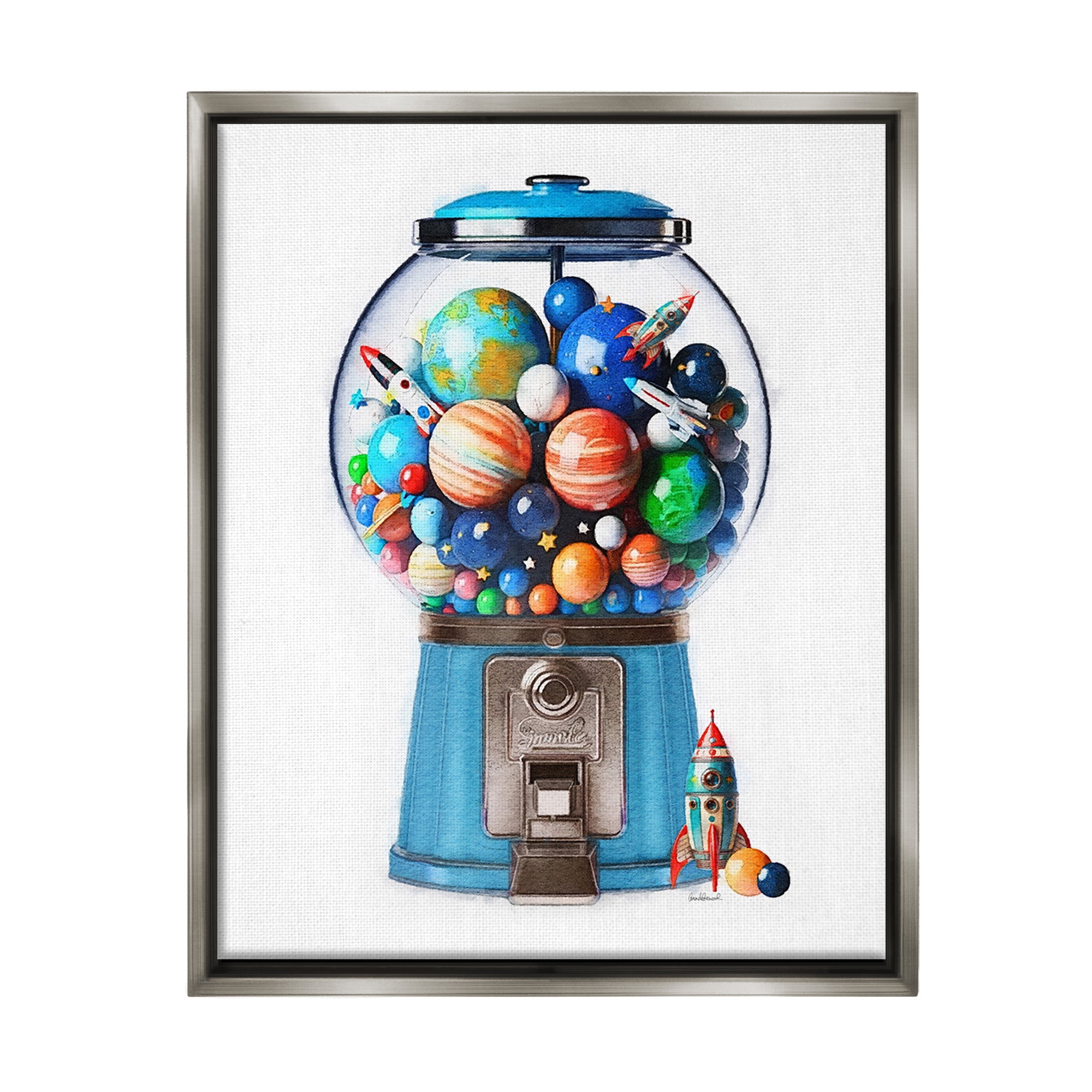 Stupell Industries Outer Space Candy Dispenser Art for Kids Painting Gray Floater Framed Canvas Art Print Wall Art, 25 x 31