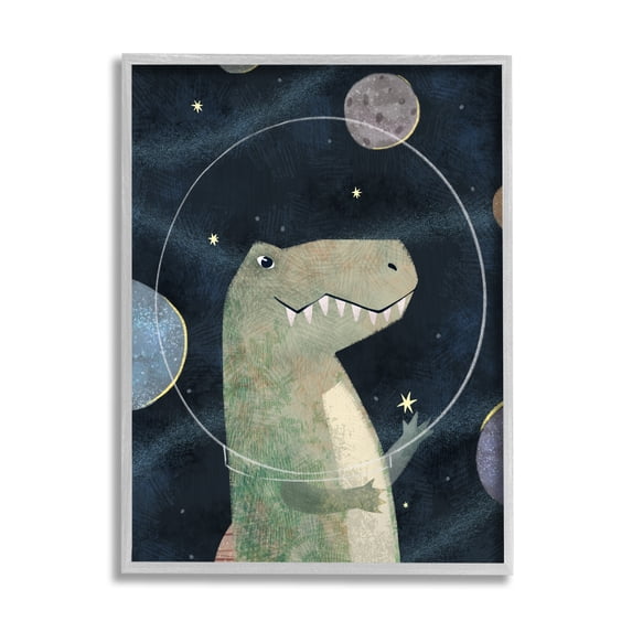 Stupell Industries Outer Space Dinosaur Glass Helmet Galactic Planets Novelty Painting Gray Framed Art Print Wall Art, 11 x 14, Design by Ziwei Li