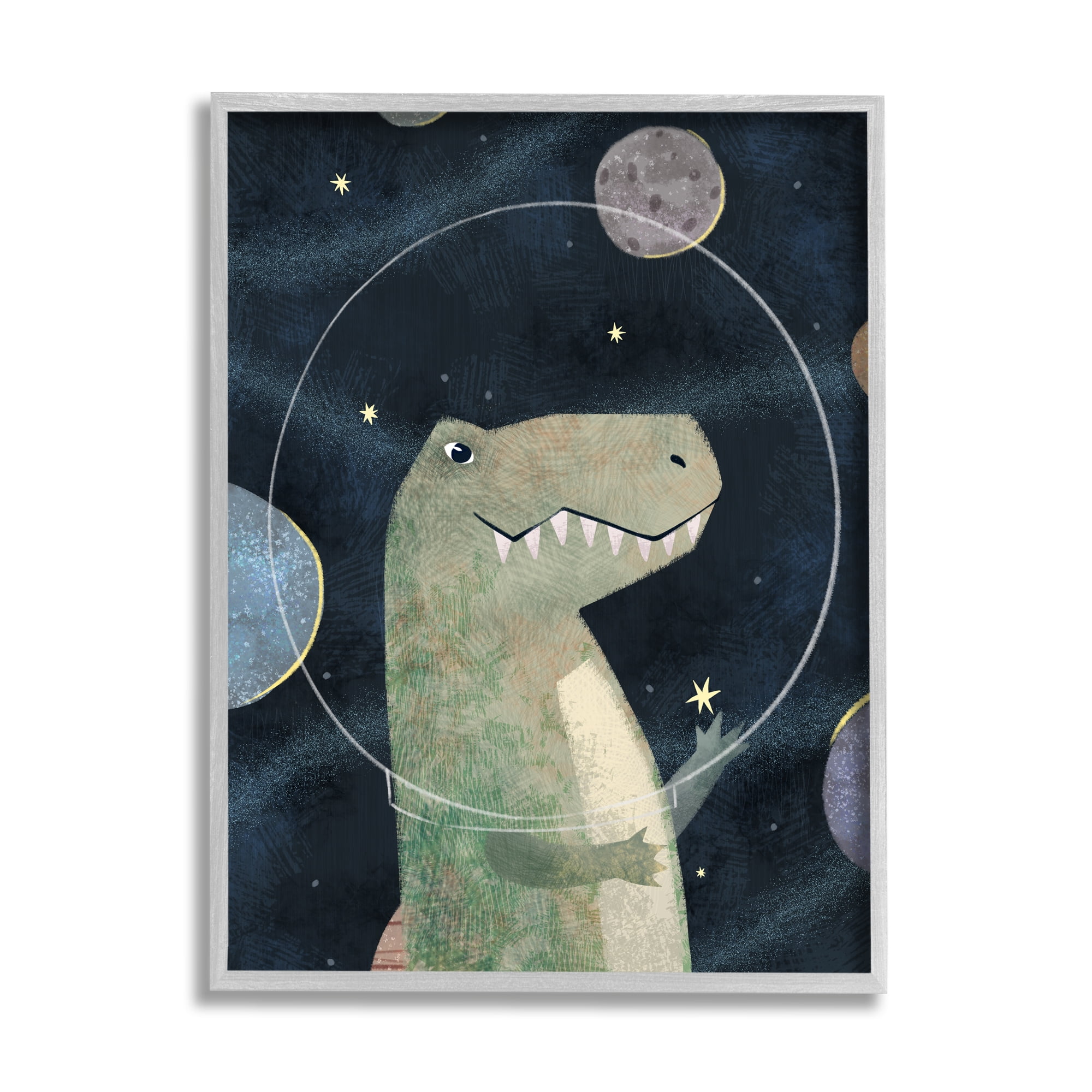 Stupell Industries Outer Space Dinosaur Glass Helmet Galactic Planets Novelty Painting Gray Framed Art Print Wall Art, 16 x 20, Design by Ziwei Li