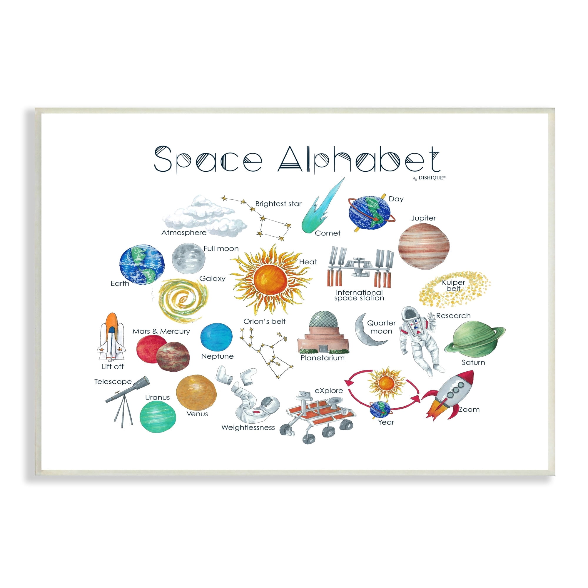 Stupell Industries Outer Space Educational Alphabet Kids Learning Chart Graphic Art Unframed Art Print Wall Art, Design by Dishique